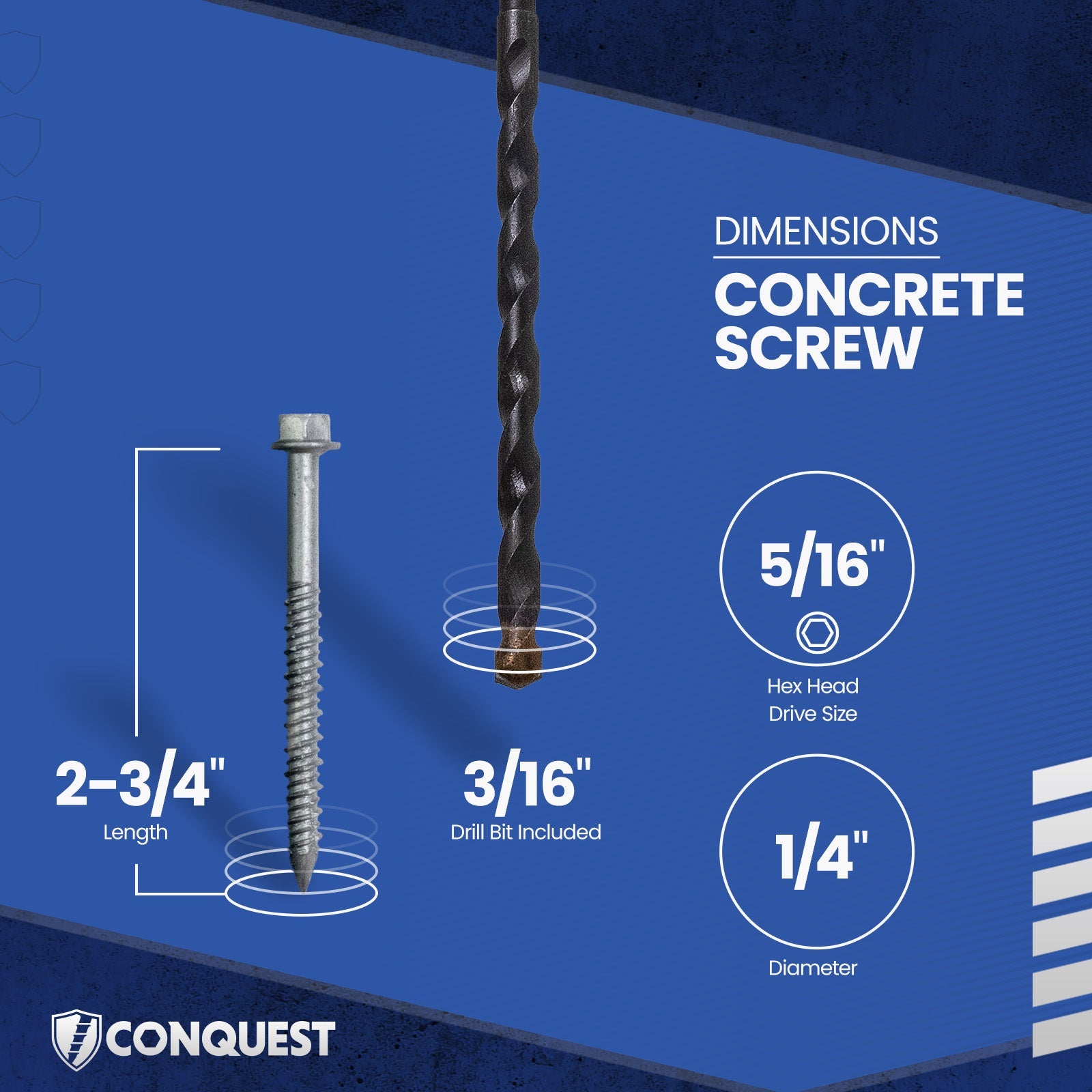 1/4" x 2-3/4" Conquest Hex Concrete Screw - 410 Stainless Steel - Single Dimensions