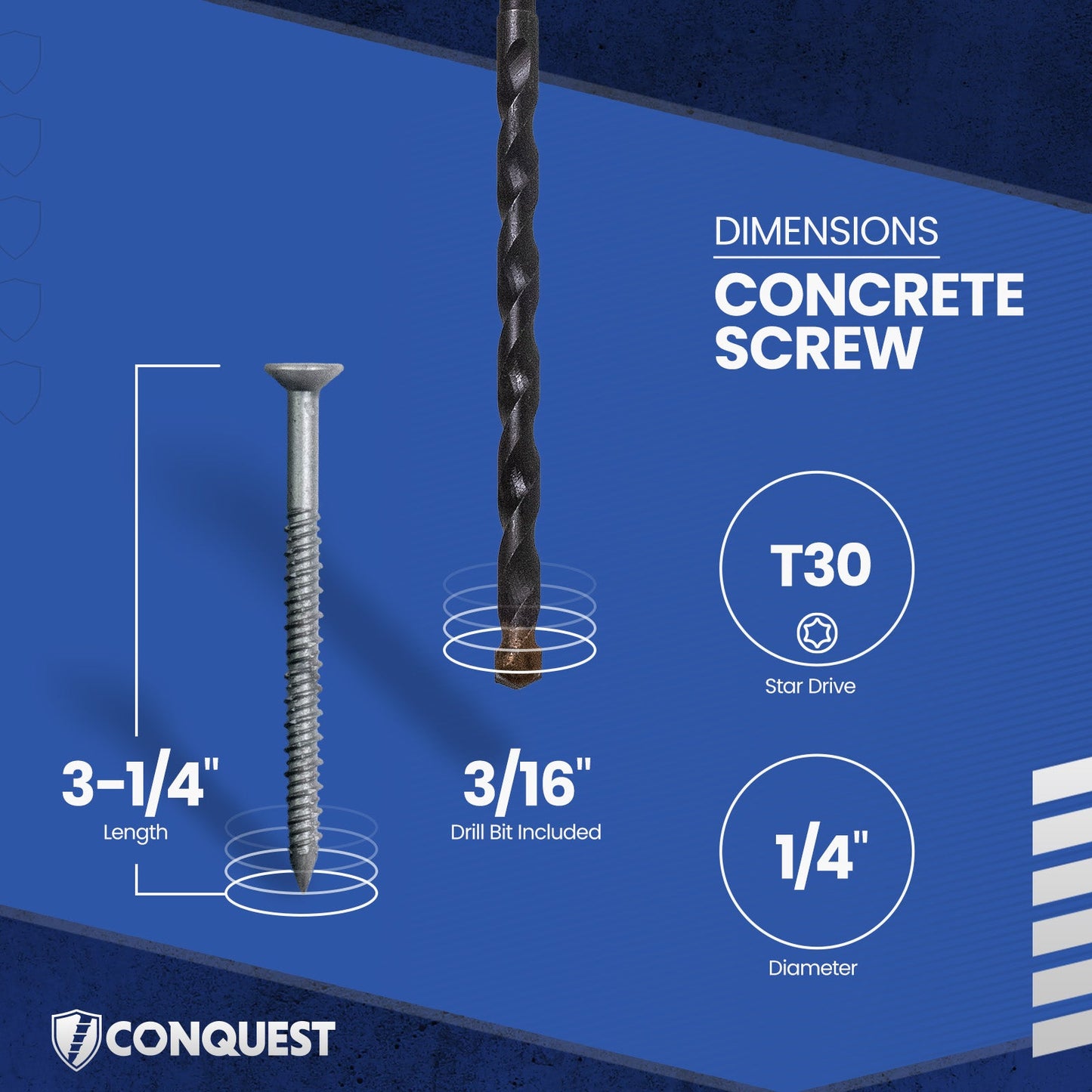 1/4" x 3-1/4" Conquest T-30 Flat Head Concrete Screw - 410 Stainless Steel - Single Dimensions