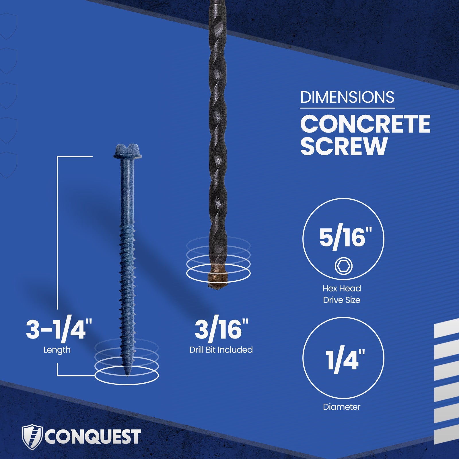 1/4" x 3-1/4" Conquest Hex Concrete Screw - Single Dimensions