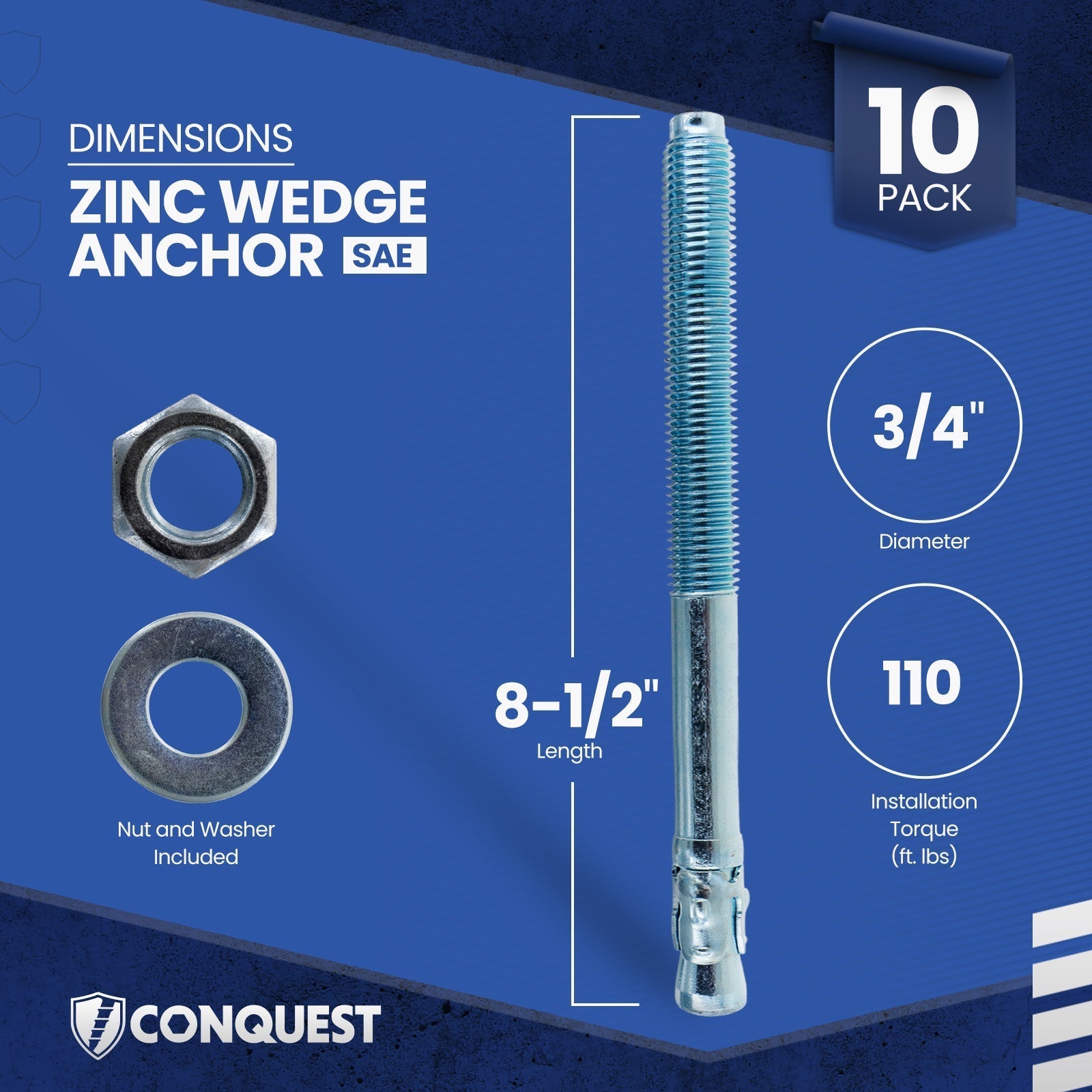 Conquest CWA34-812Z Wedge Anchor Dimensions