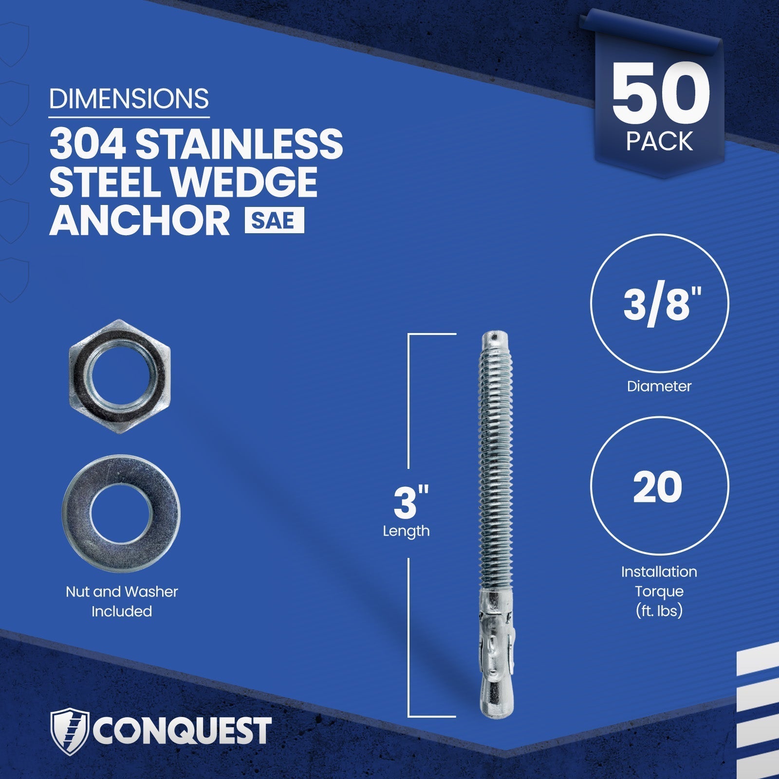 Conquest CWA38-300SS4 Wedge Anchor Dimensions