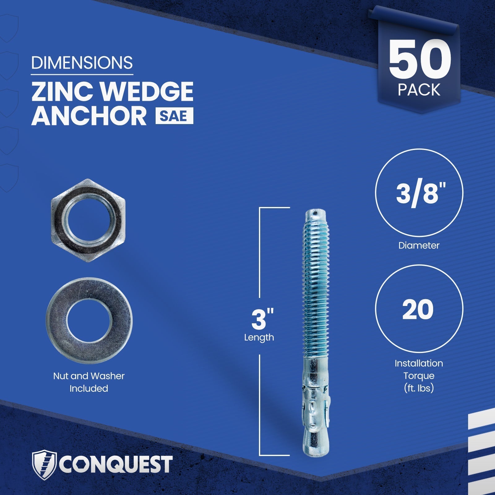 Conquest CWA38-300Z Wedge Anchor Dimensions