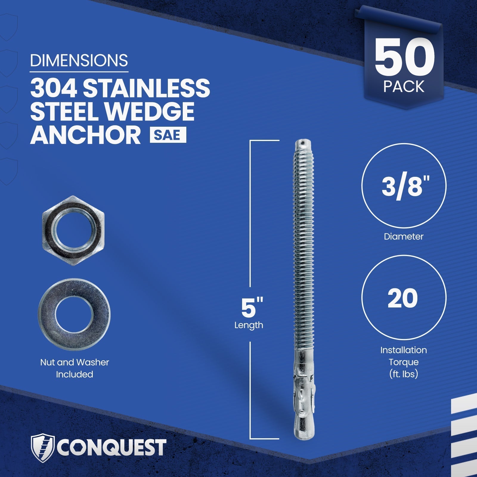 Conquest CWA38-500SS4 Wedge Anchor Dimensions