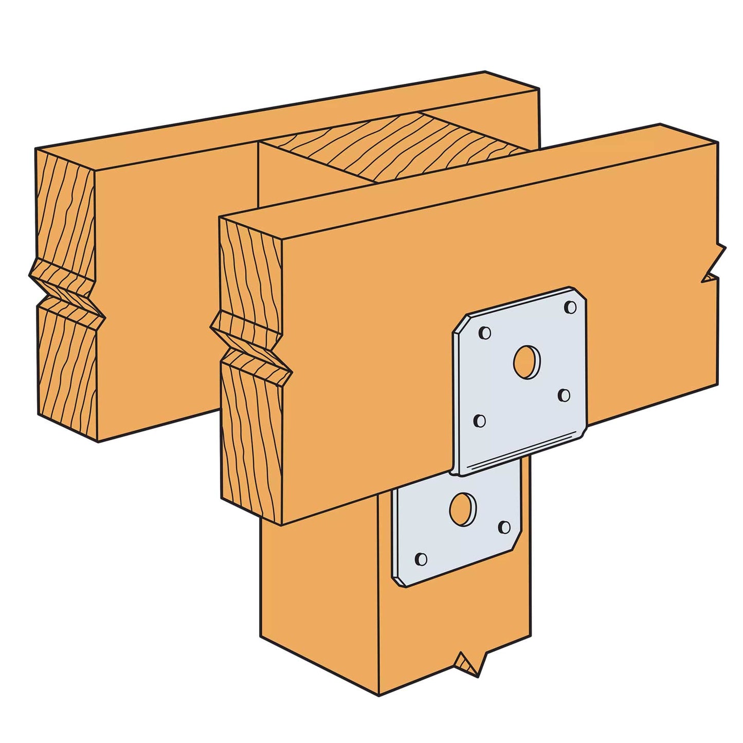 Wooden beams with a metal bracket on a white background