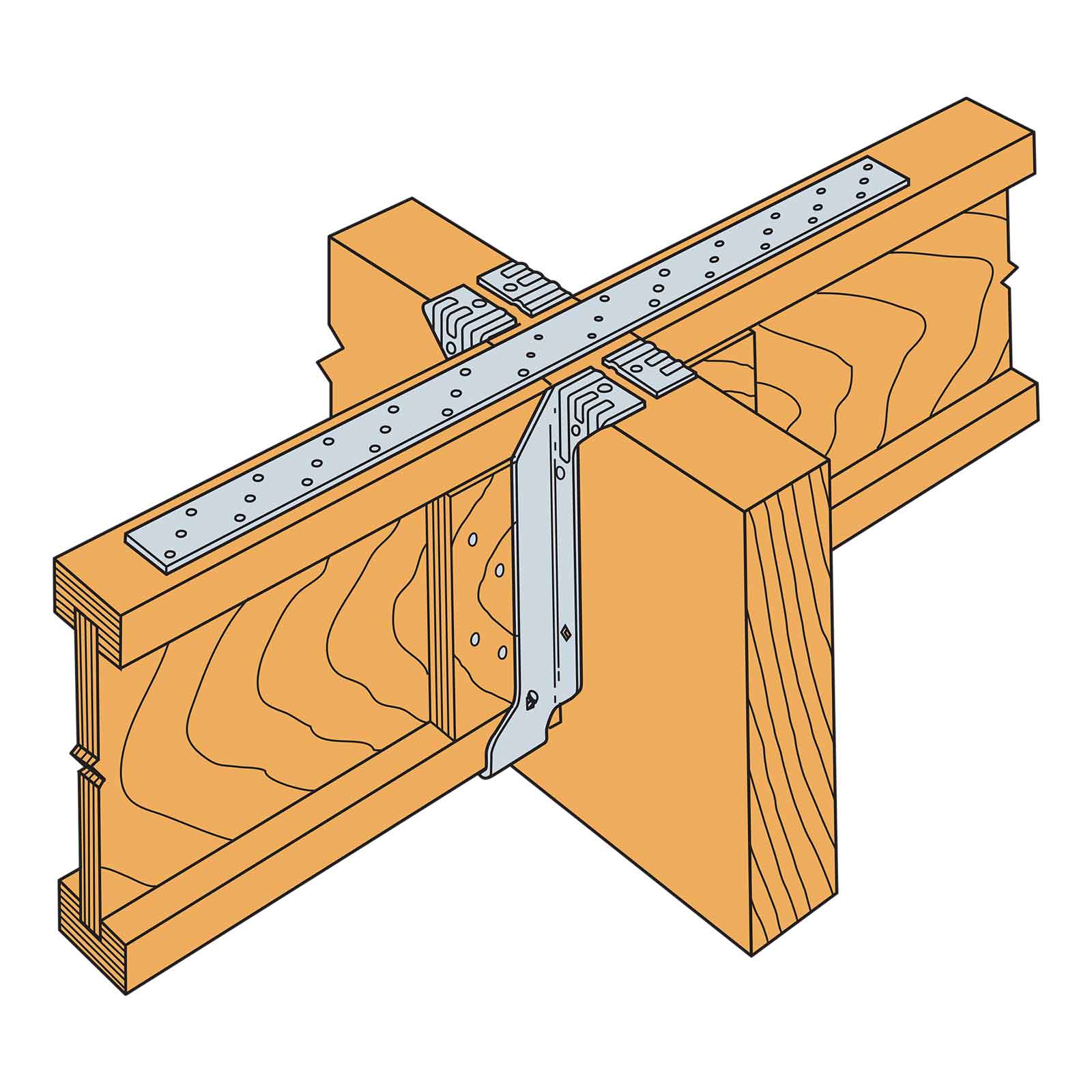 Wooden beam with metal brackets on a white background