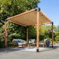 Wooden pergola with outdoor furniture under a clear blue sky