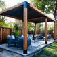 Outdoor patio with wooden pergola, chairs, and table in a backyard setting.