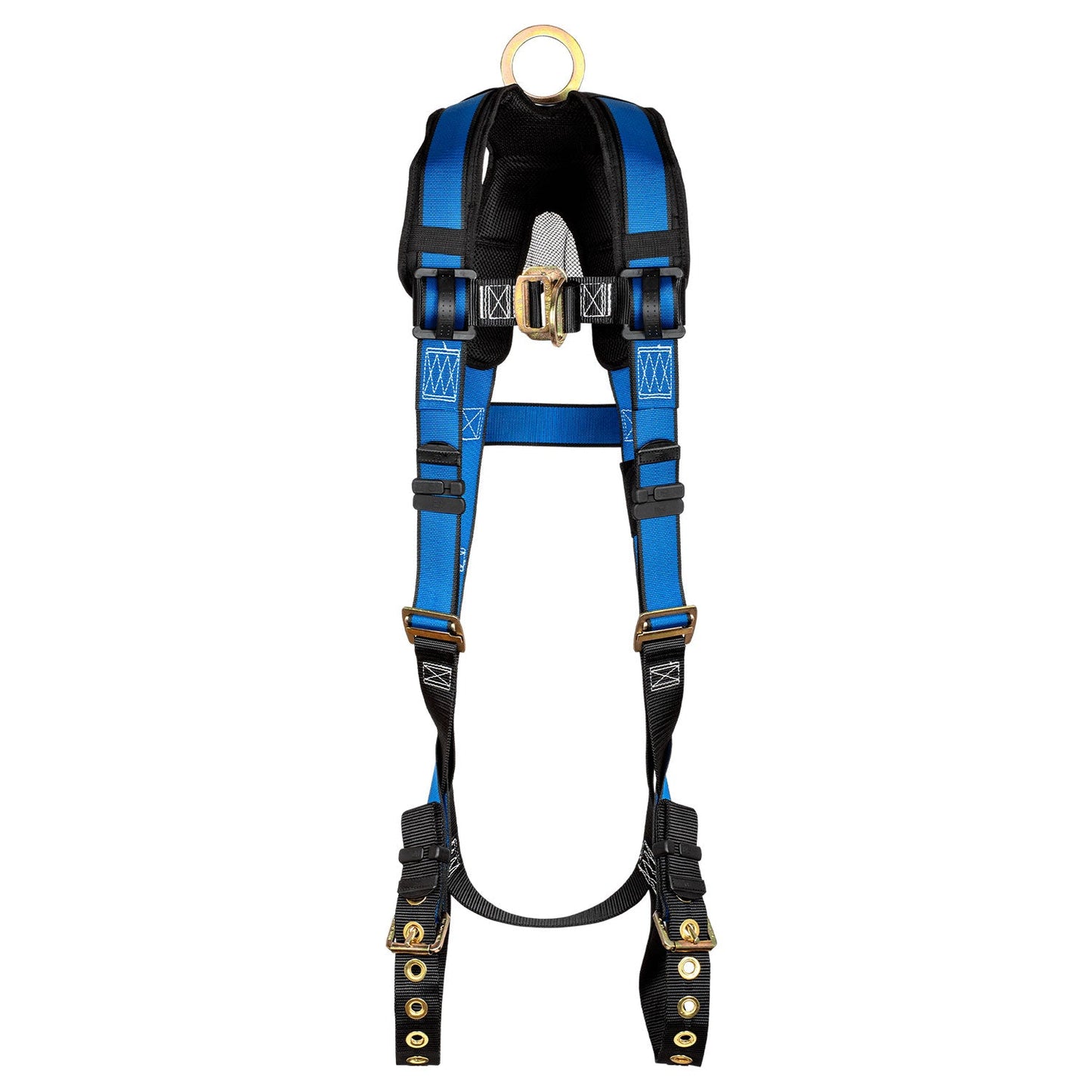 Safety harness with blue straps on a white background