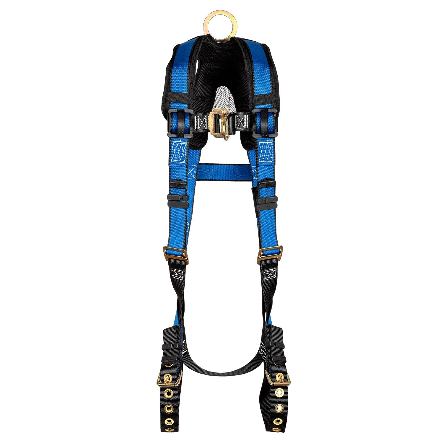 Safety harness with blue straps on a white background