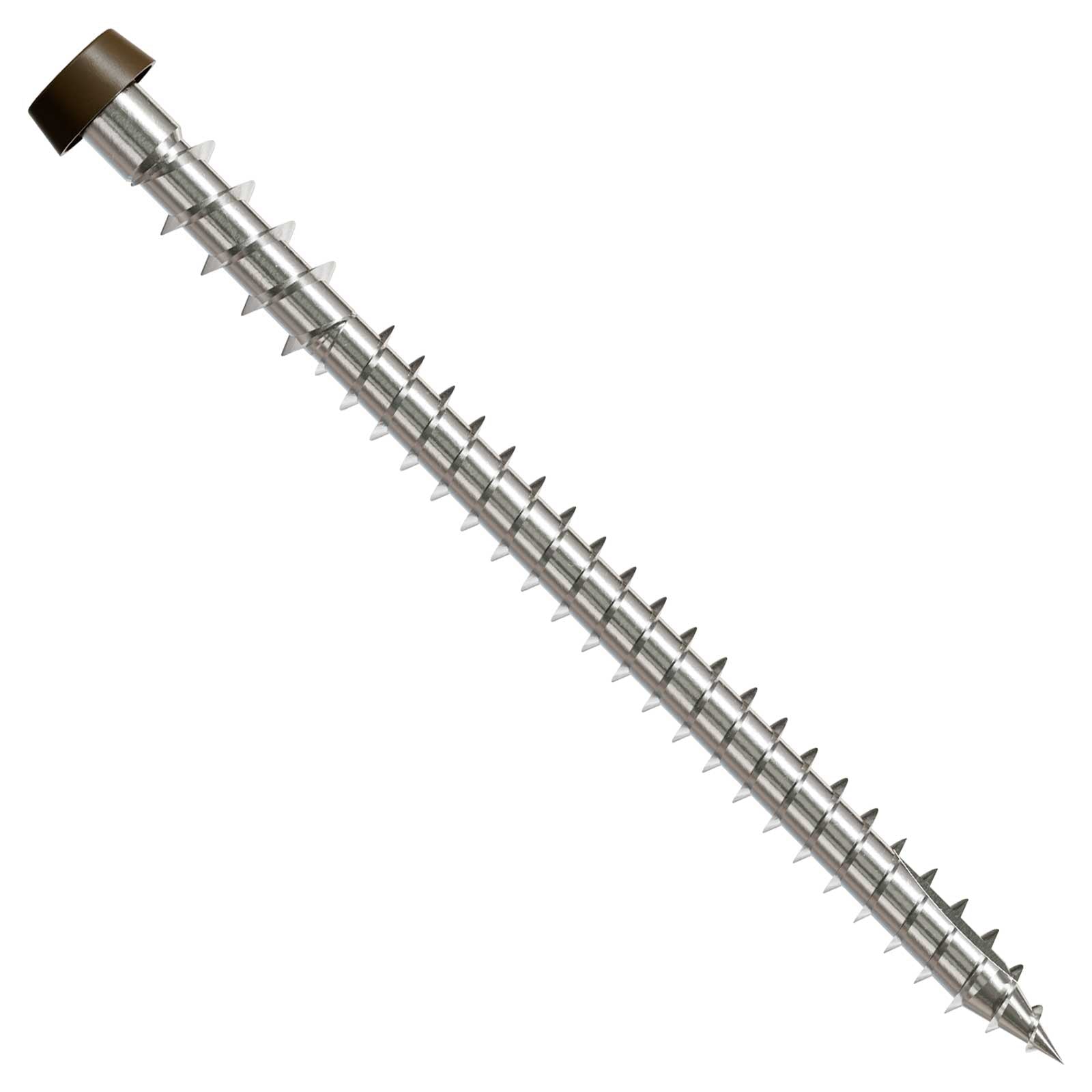 Metal screw with a brown head on a white background