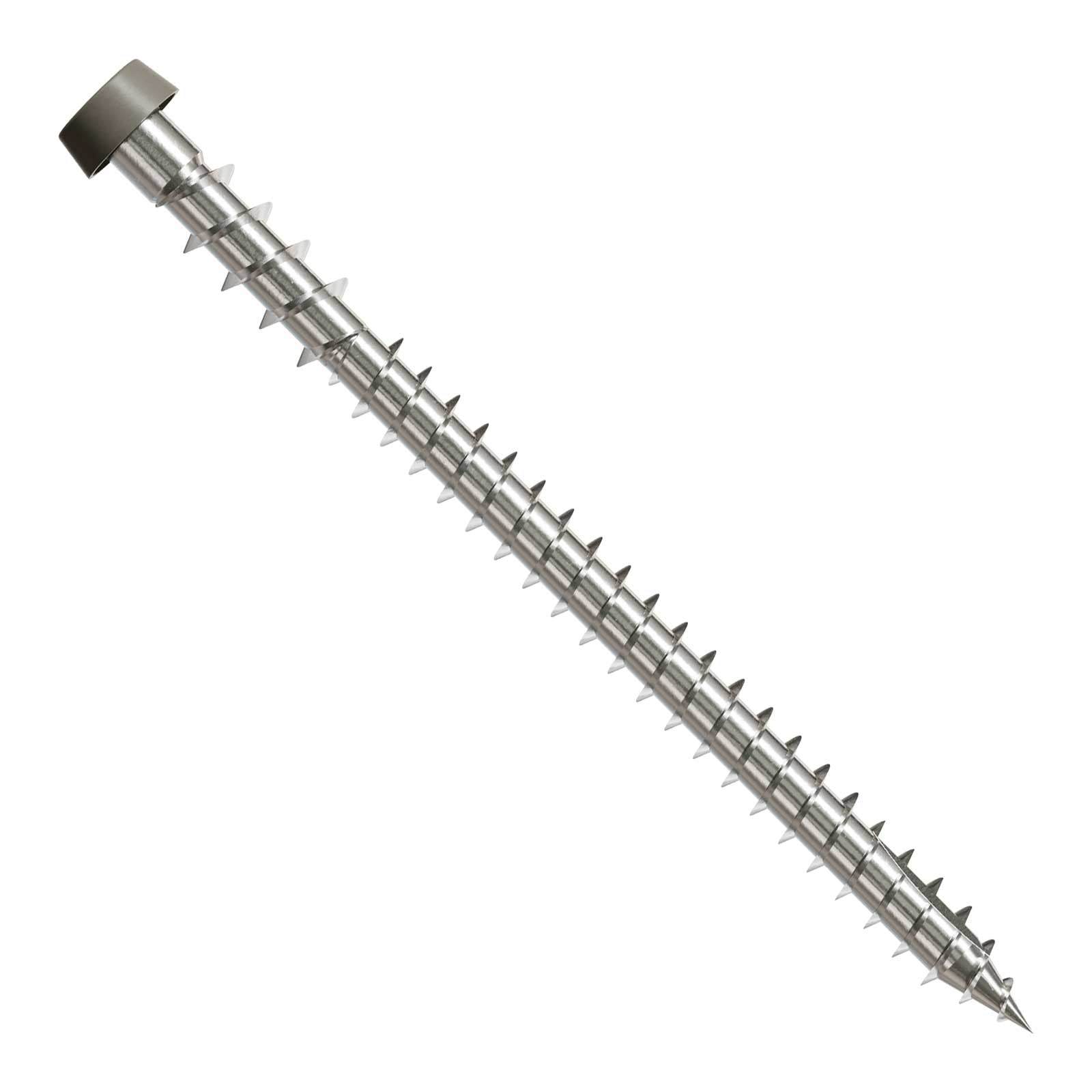 Metal screw with threading on a white background
