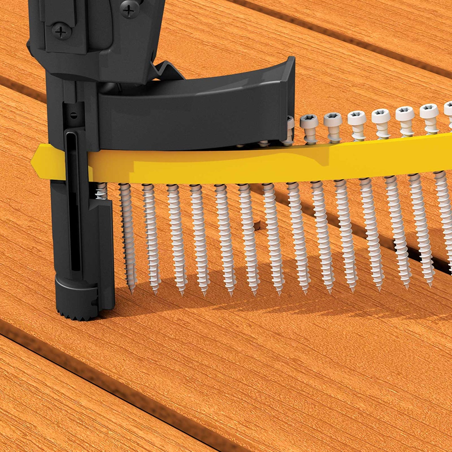 Close-up of a nail gun with nails on a composite deck