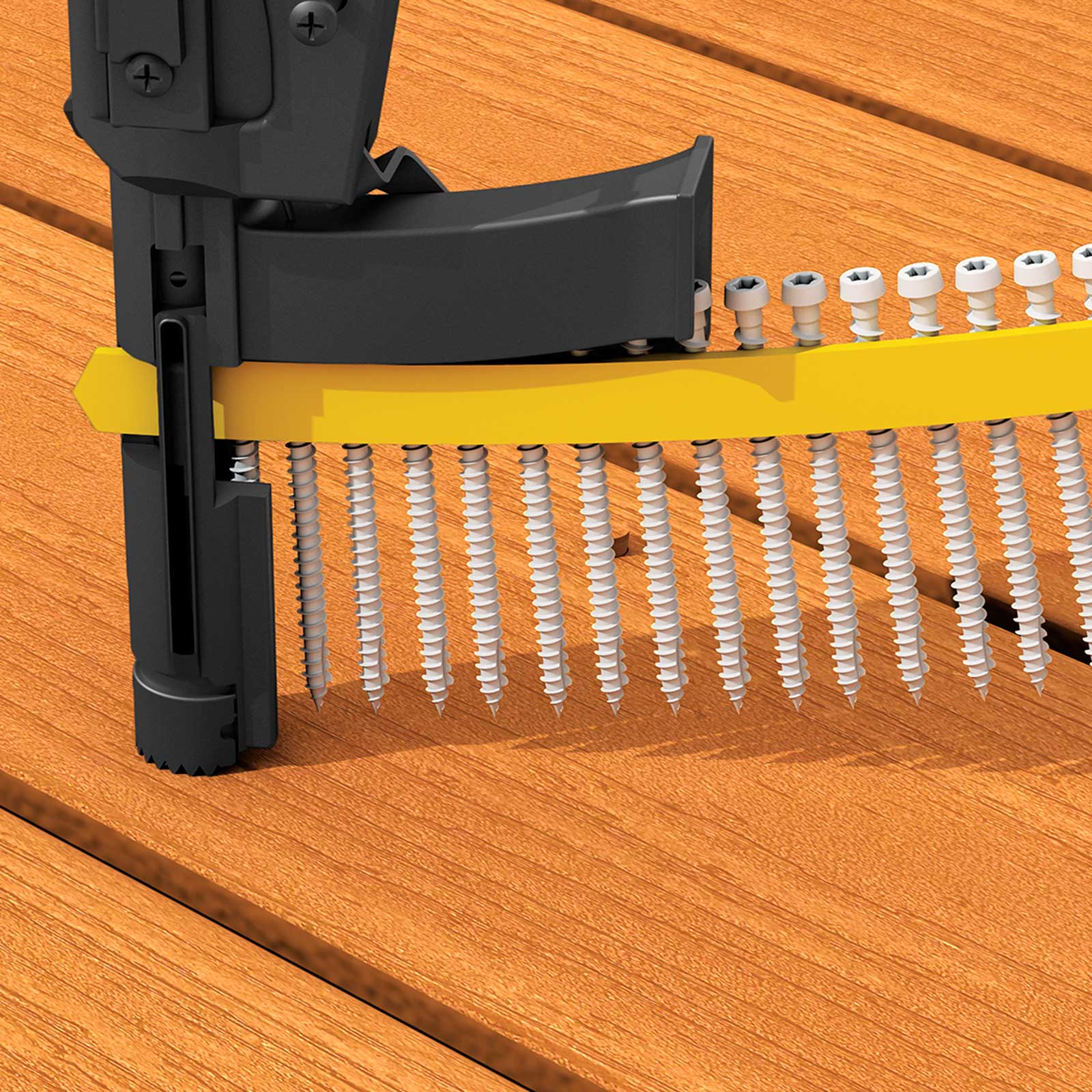 Close-up of a nail gun with nails on a composite deck