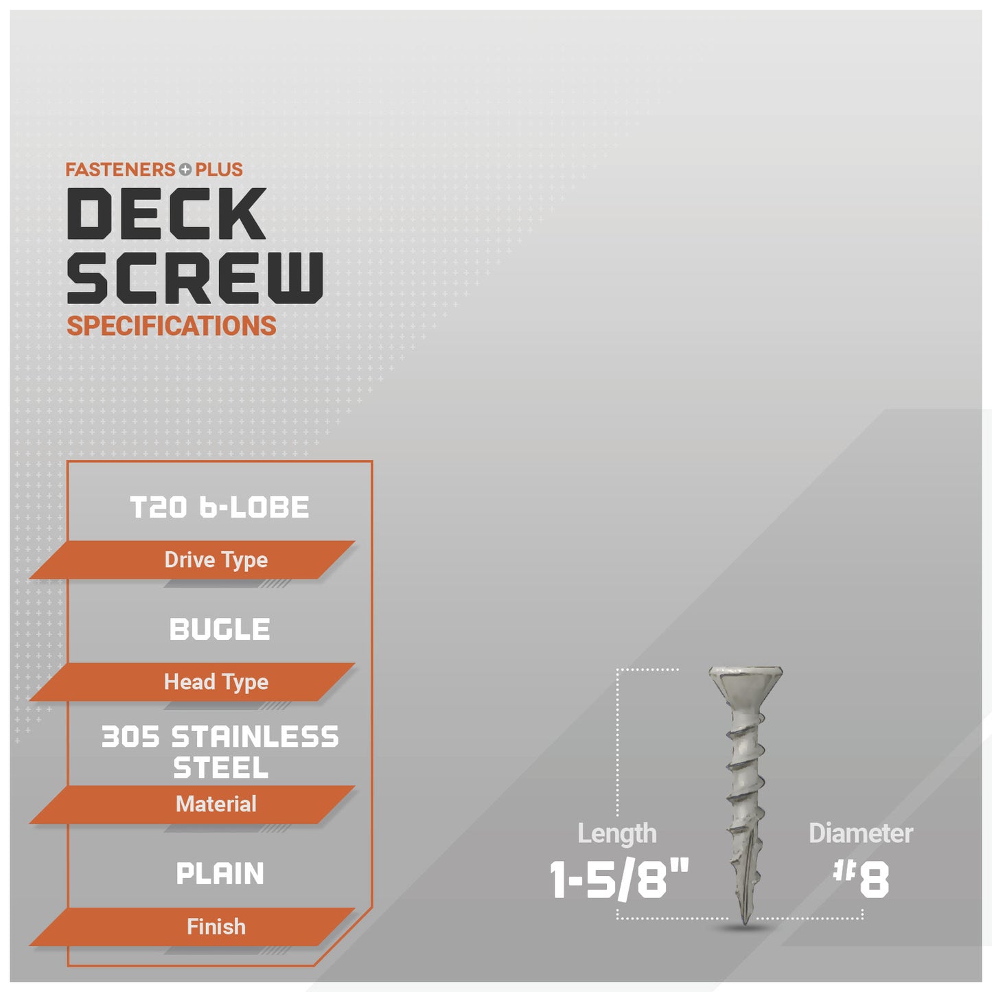 #8 x 1-5/8" Daggerz T20 Flat Head Deck Screw - 305 Stainless Steel, Pkg. 5,000