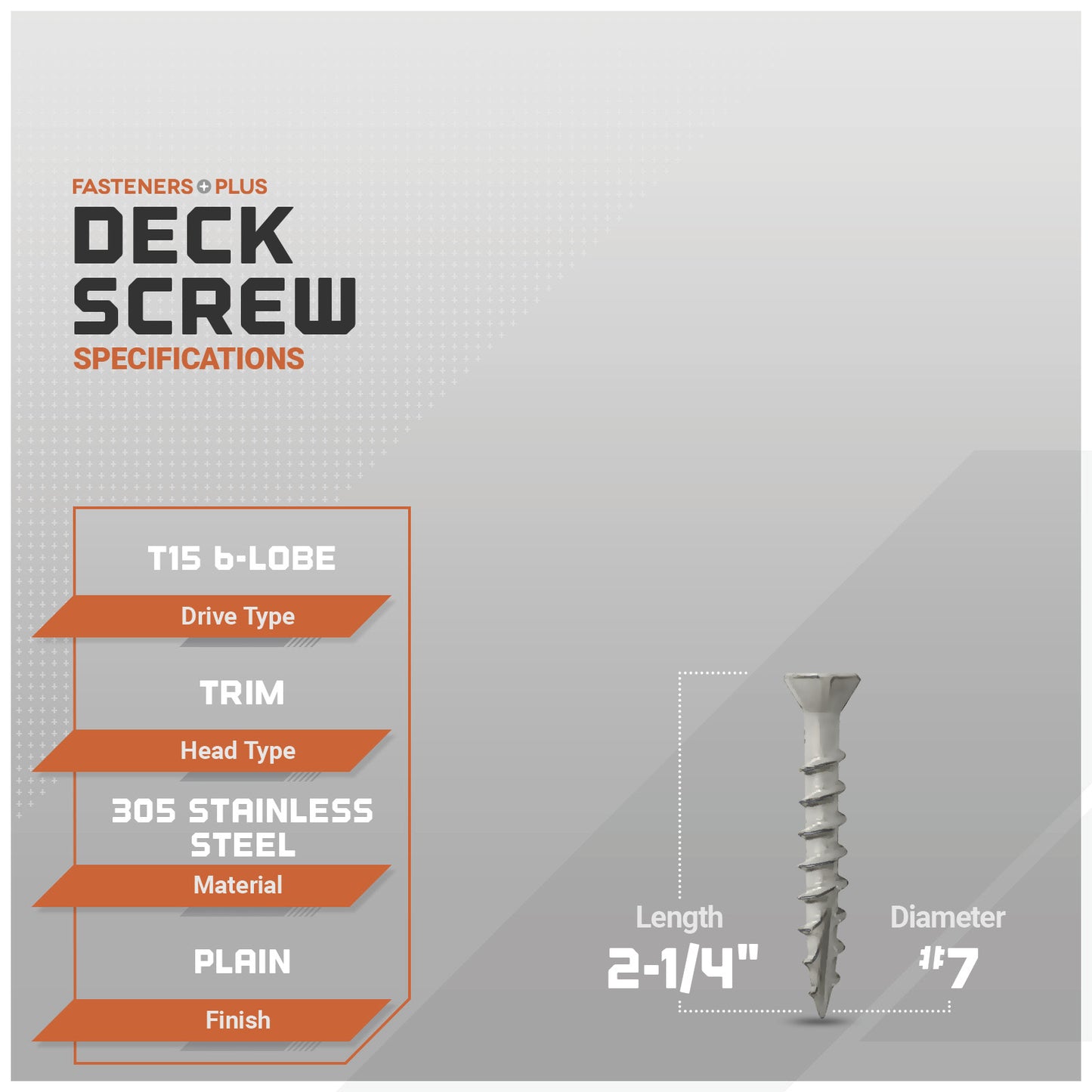 #7 x 2-1/4" Daggerz T15 Trim Head Deck Screw - 305 Stainless Steel, Pkg. 3,000