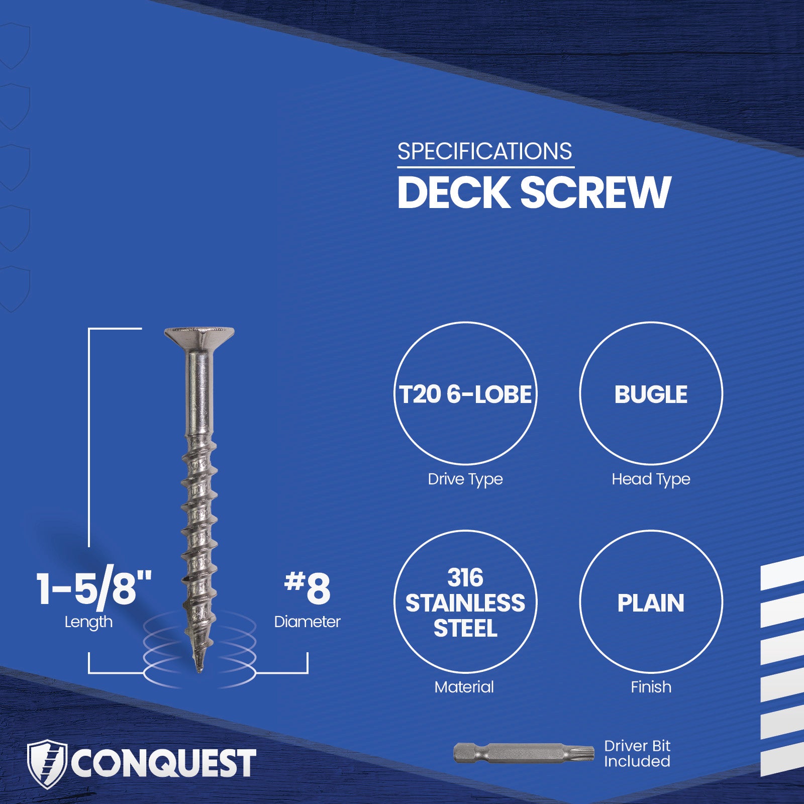 Deck screw with specifications on a blue background