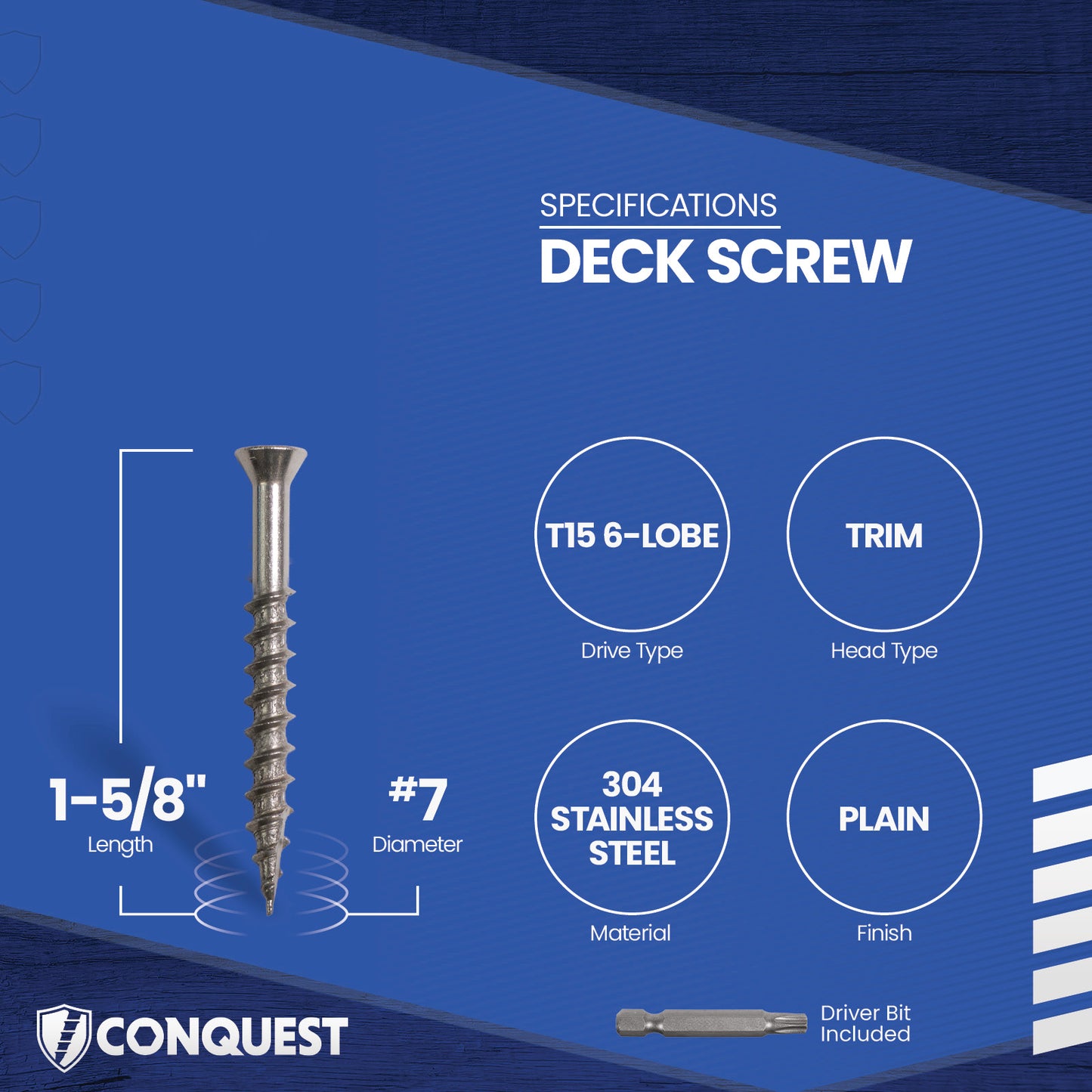 Deck screw with specifications on a blue background