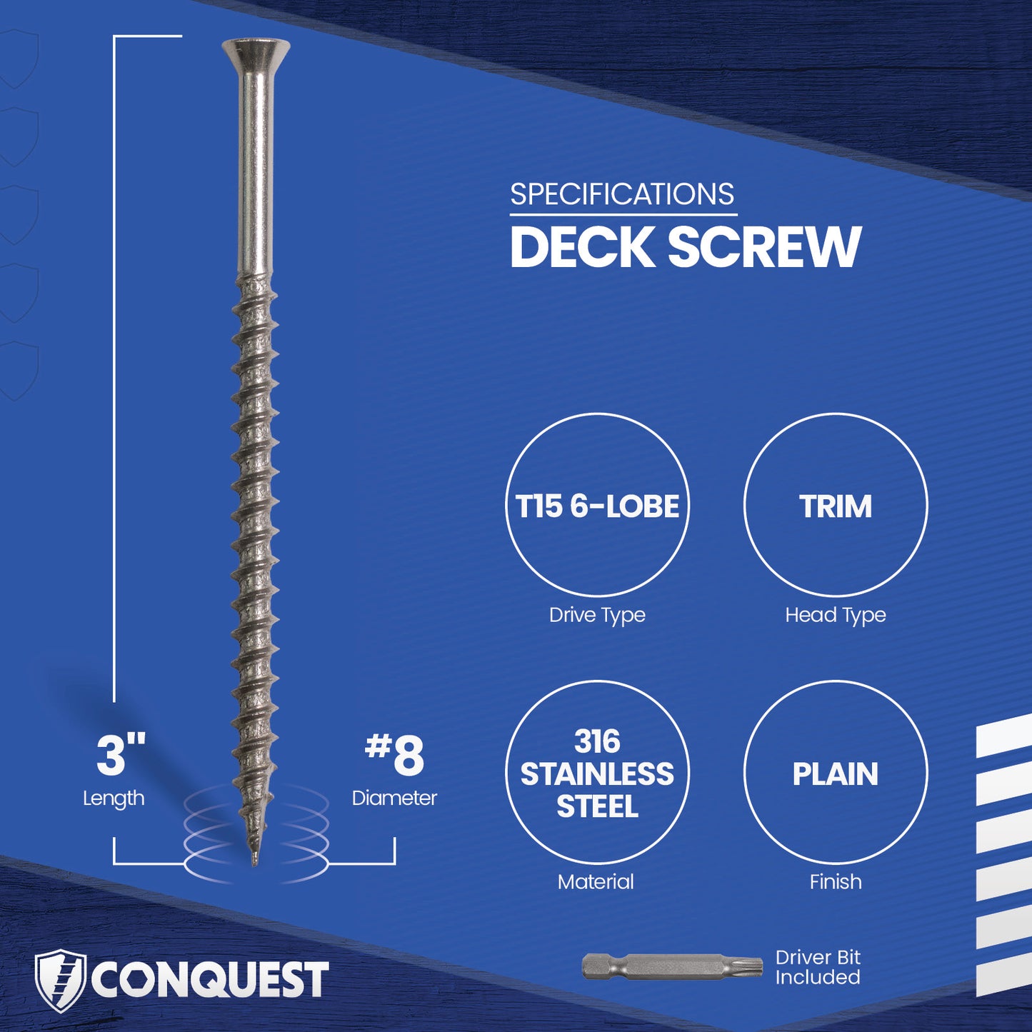 Deck screw with specifications on a blue background
