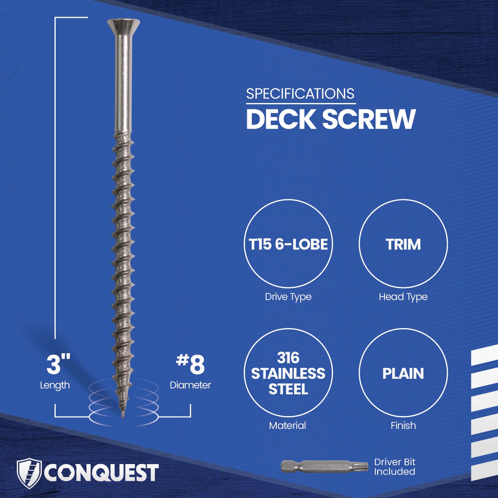Deck screw with specifications on a blue background