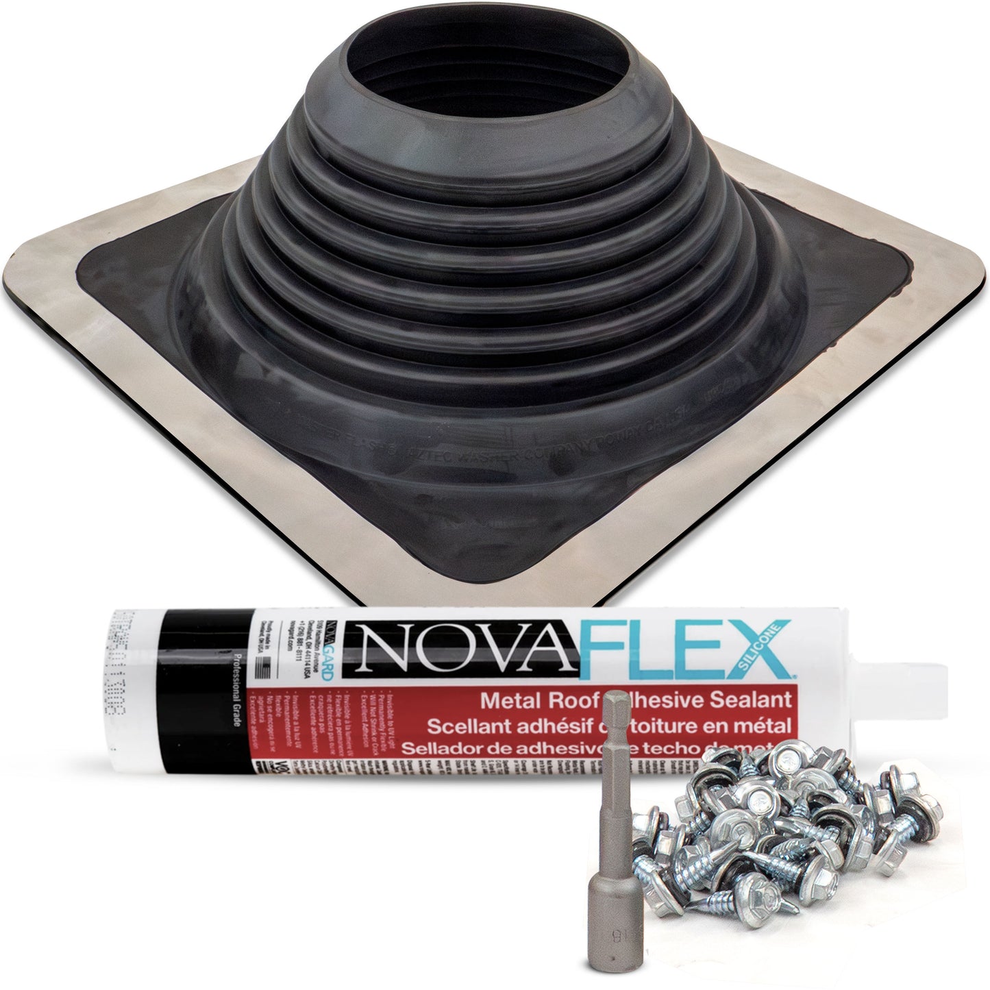 #8 Square EPDM Metal Roof Pipe Boot w/Install Kit, Black