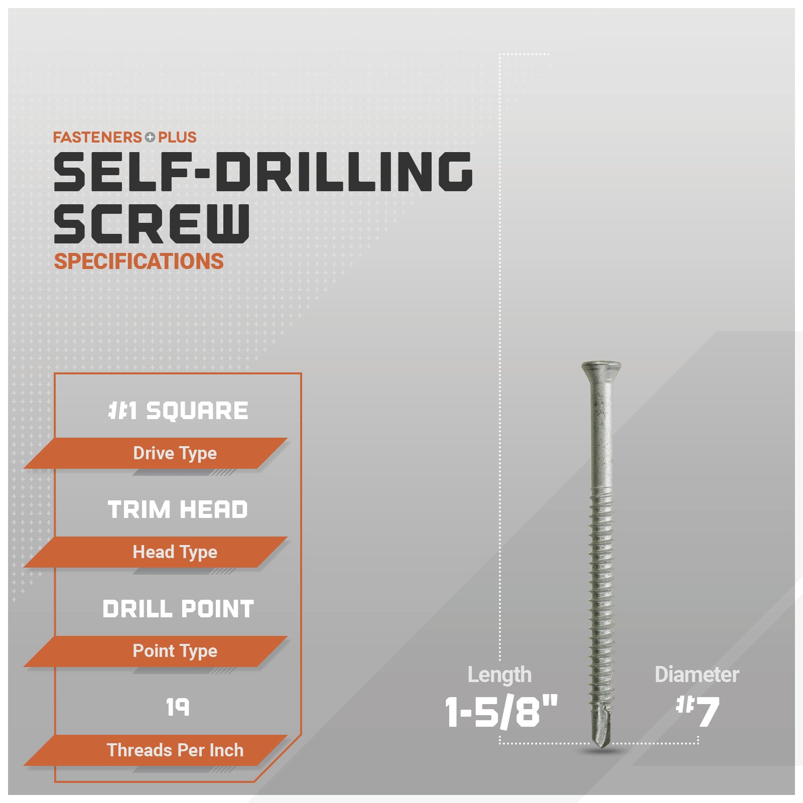 Self-drilling screws with specifications on a gray background