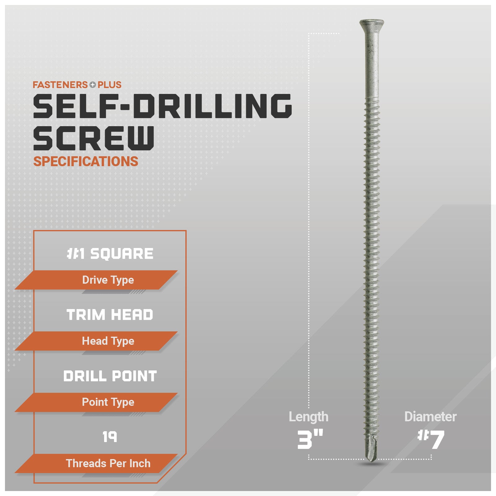 Self-drilling screw with specifications on a gray background