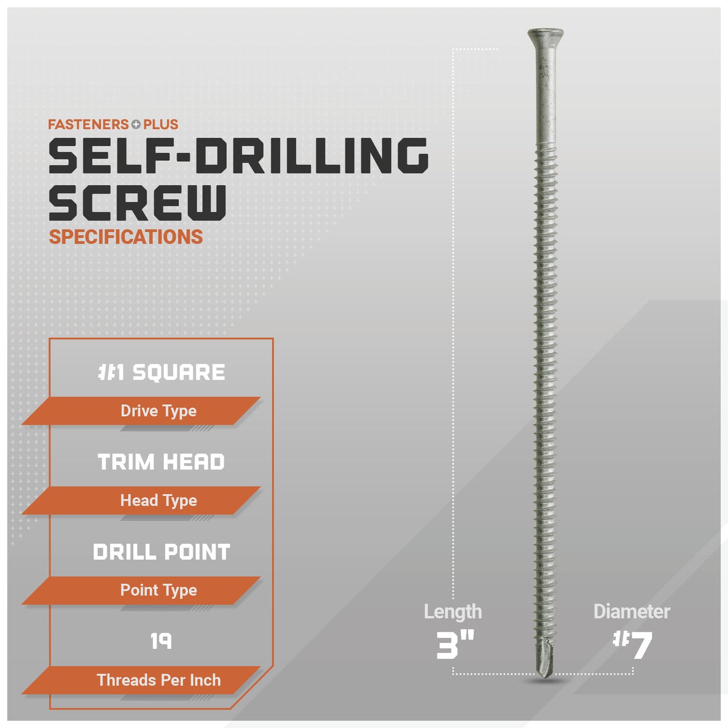 Self-drilling screw with specifications on a gray background