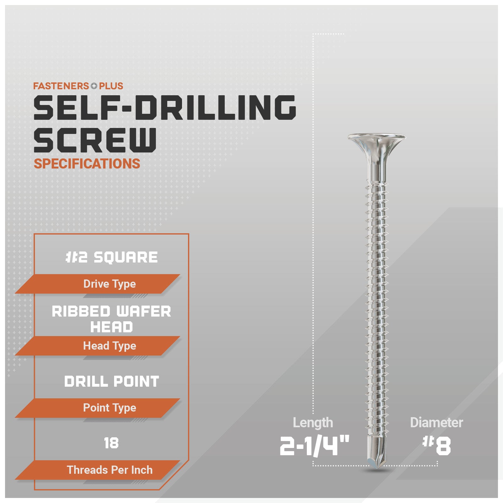 Self-drilling screw with specifications on a gray background