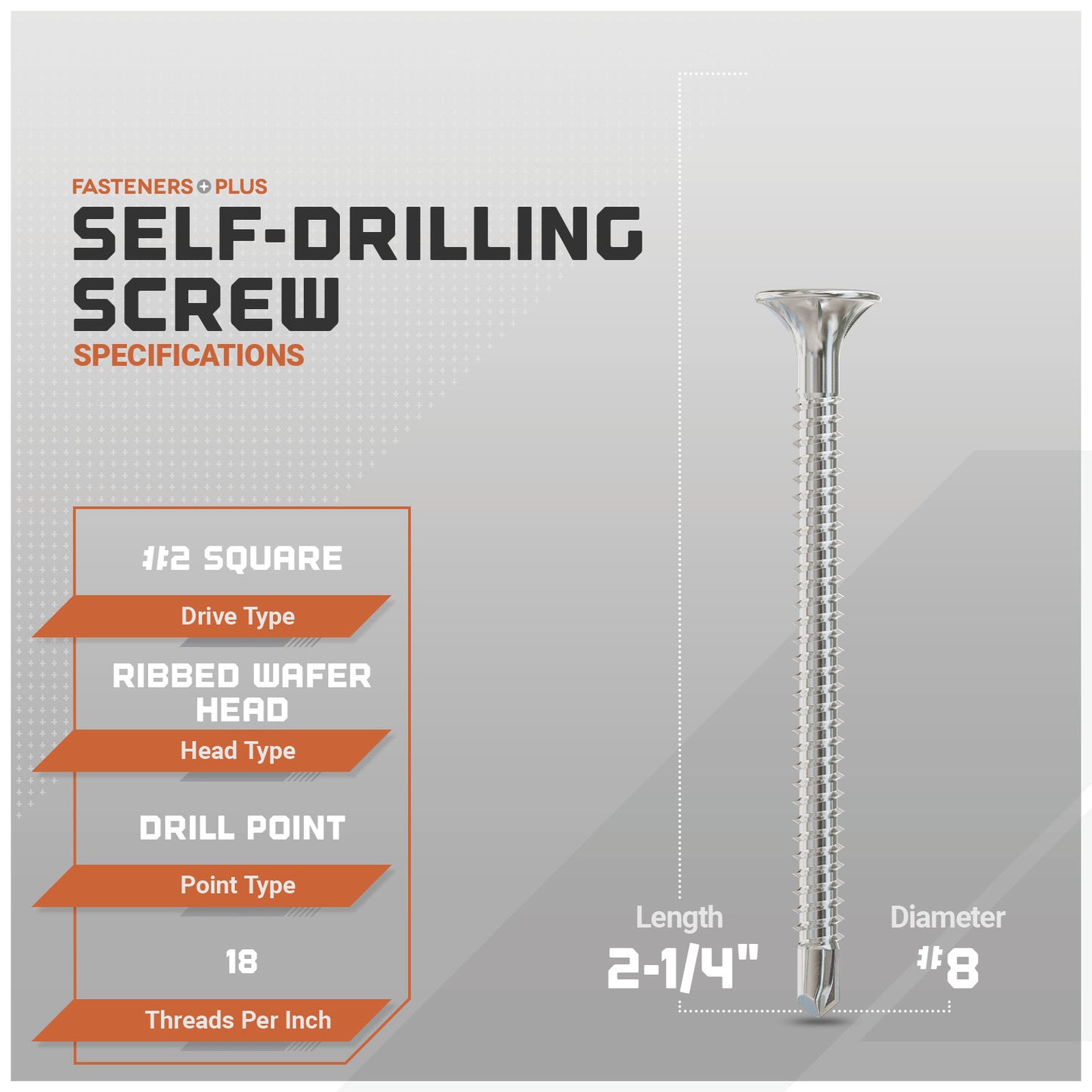 Self-drilling screw with specifications on a gray background