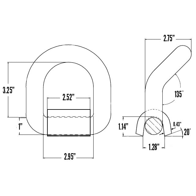 1" Bent Weldable D-Ring with Mounting Clip - 47,600 lbs. BS