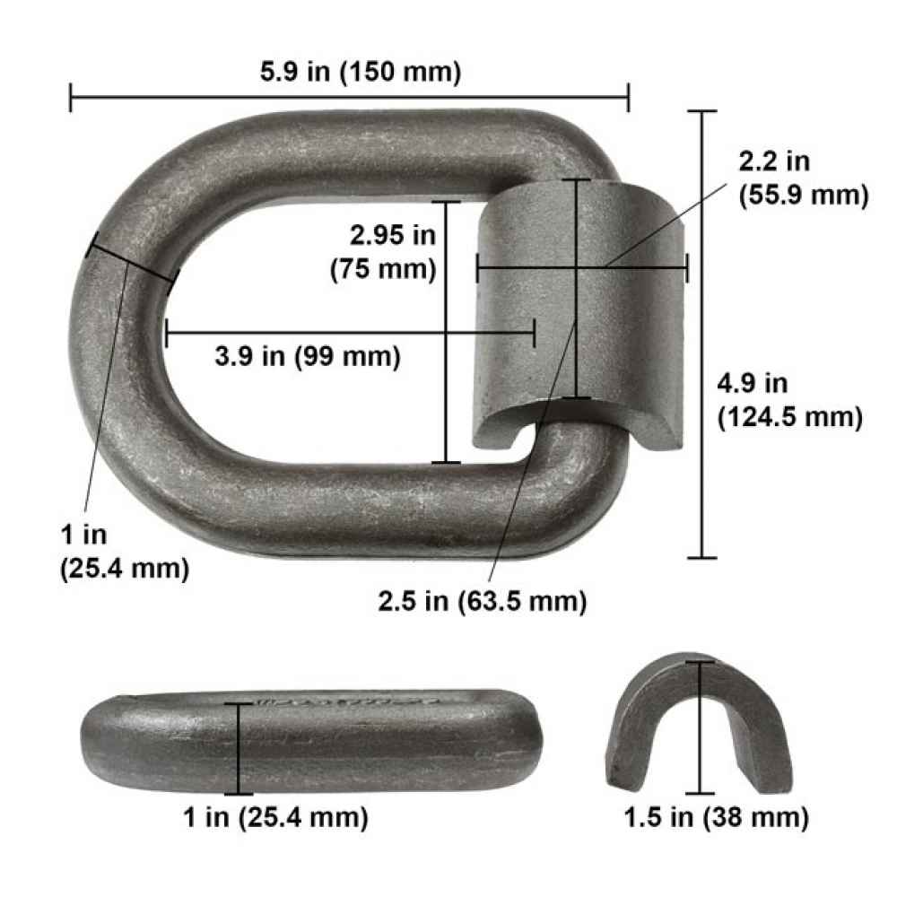 Long 1" Weldable D-Ring with Mounting Clip - 47,000 lbs. BS