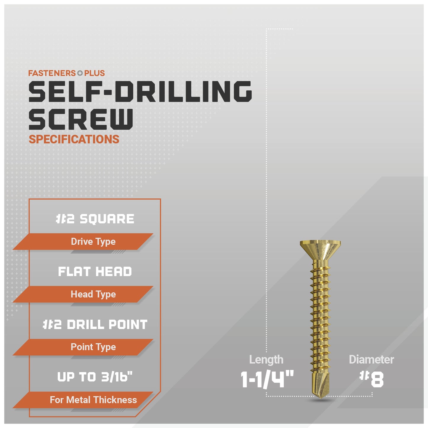 Self-drilling screw with specifications on a gray background