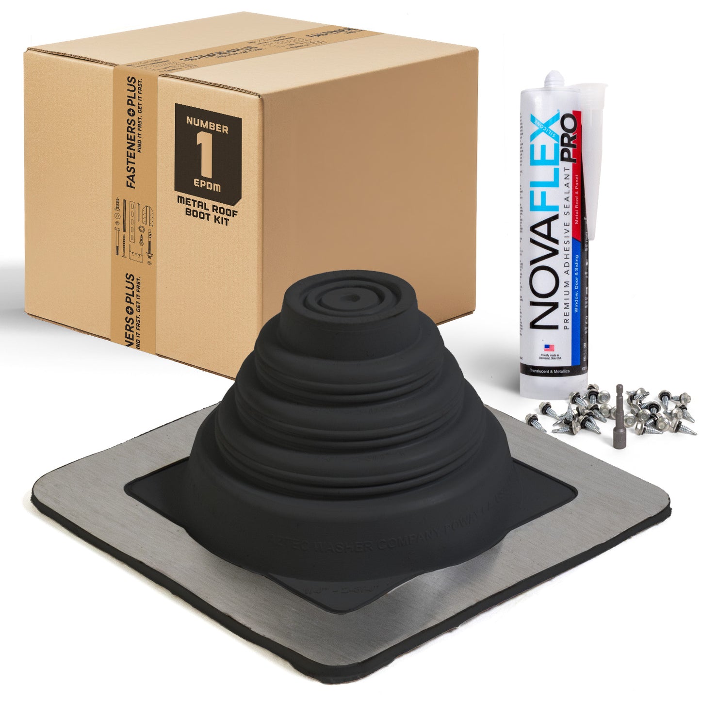 #1 Square EPDM Metal Roof Pipe Boot w/Install Kit, Black