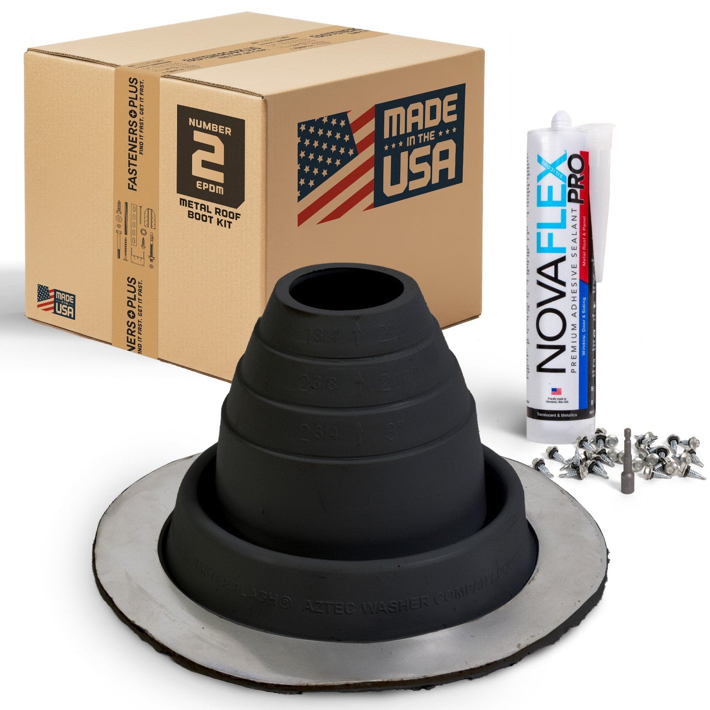 #2 Round EPDM Metal Roof Pipe Boot w/Install Kit, Black