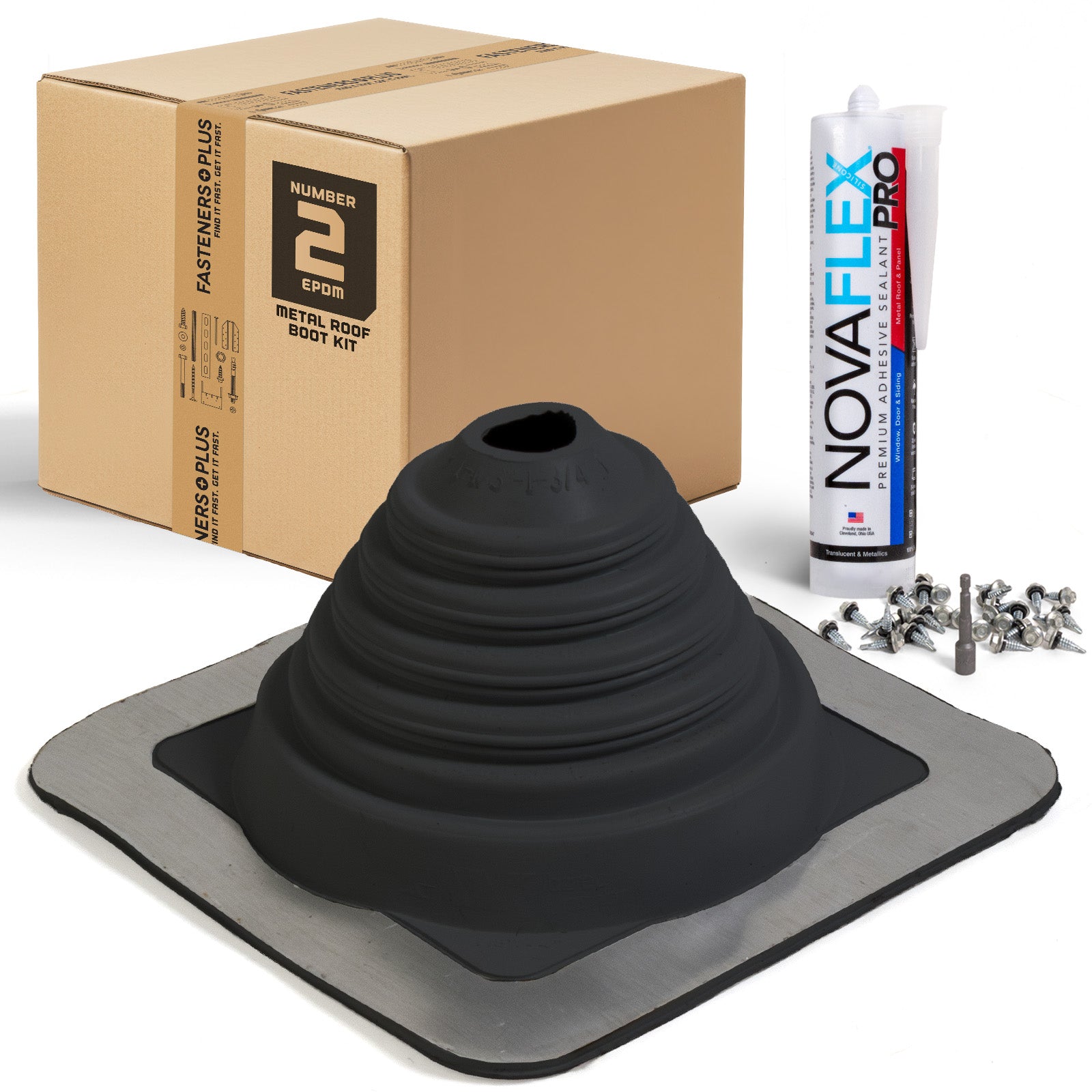 #2 Square EPDM Metal Roof Pipe Boot w/Install Kit, Black