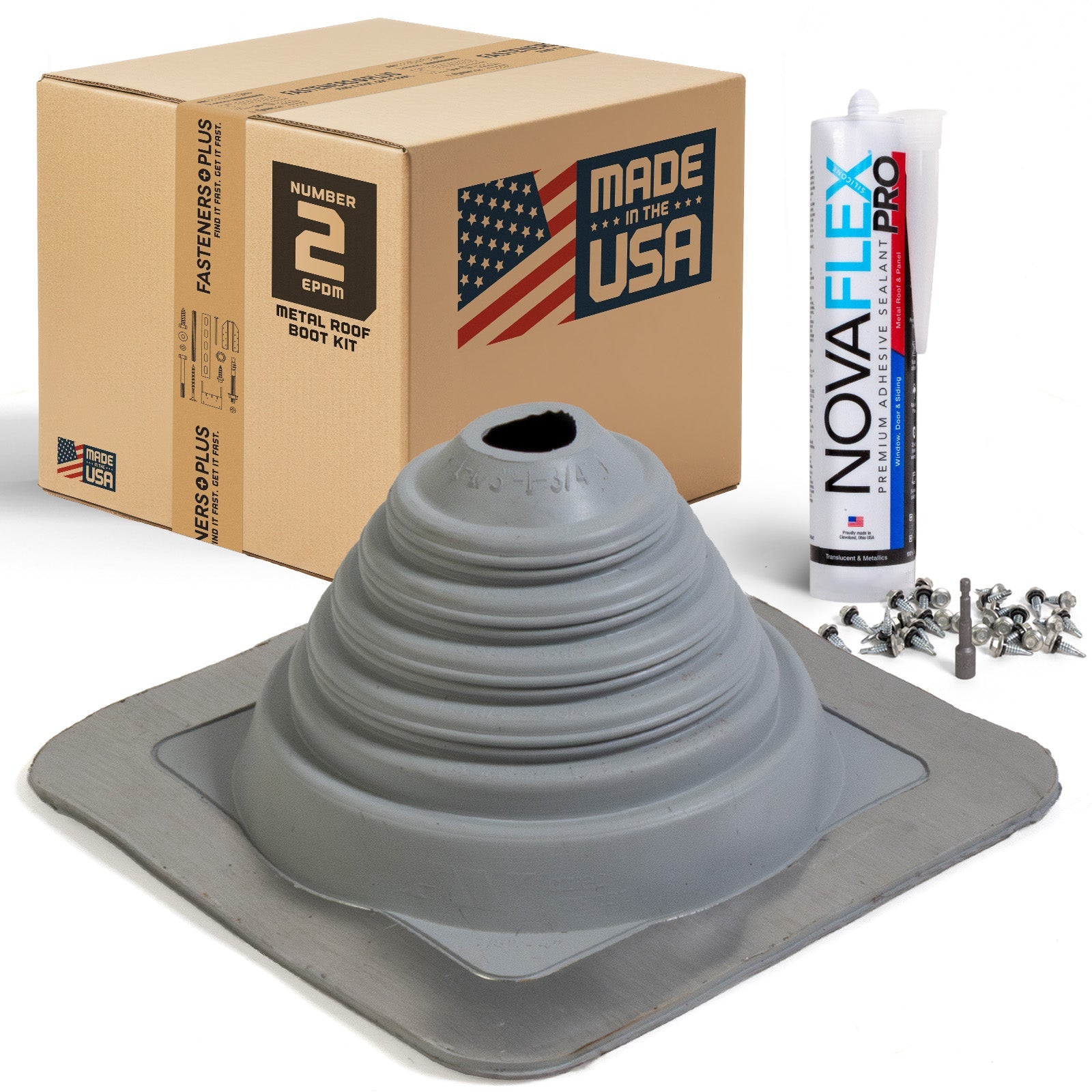 #2 Square EPDM Metal Roof Pipe Boot w/Install Kit, Gray