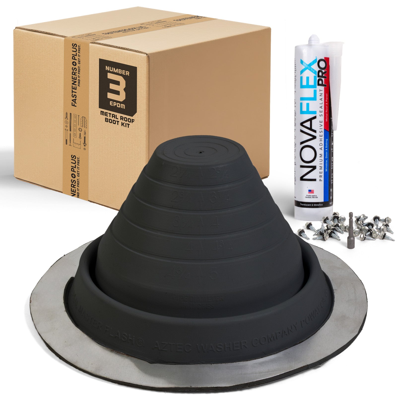 #3 Round EPDM Metal Roof Pipe Boot w/Install Kit, Black