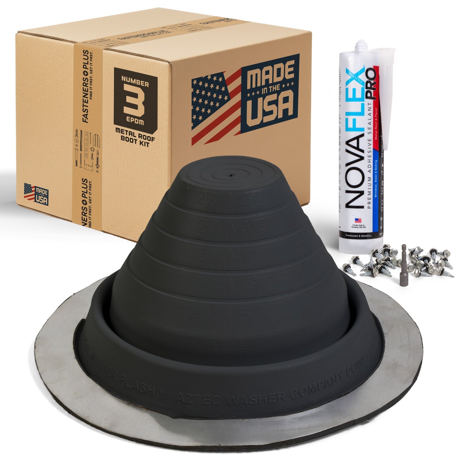 #3 Round EPDM Metal Roof Pipe Boot w/Install Kit, Black