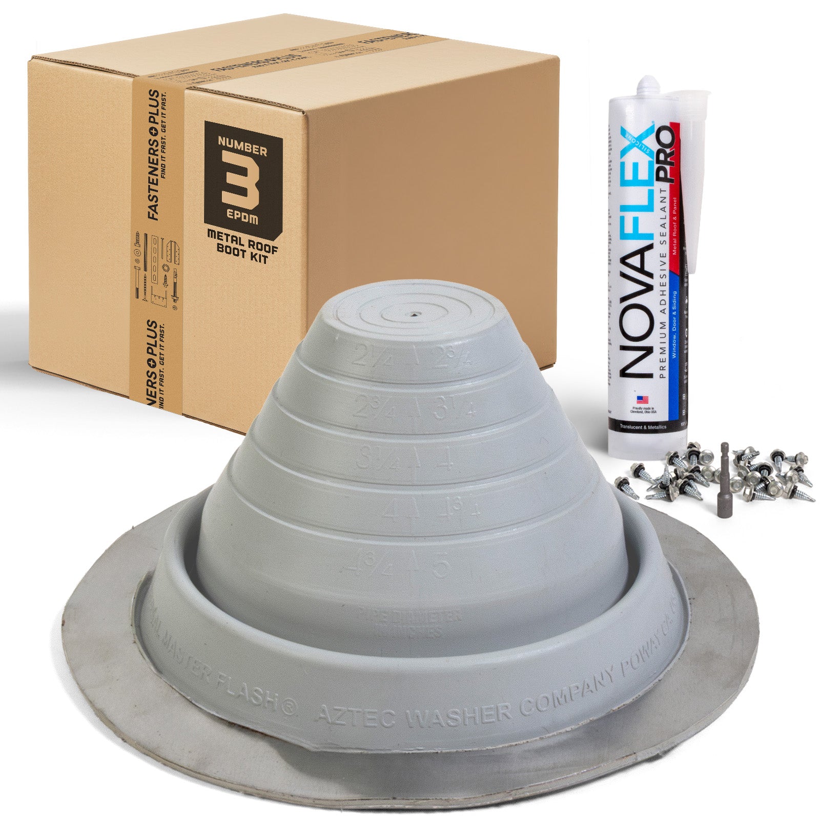 #3 Round EPDM Metal Roof Pipe Boot w/Install Kit, Gray