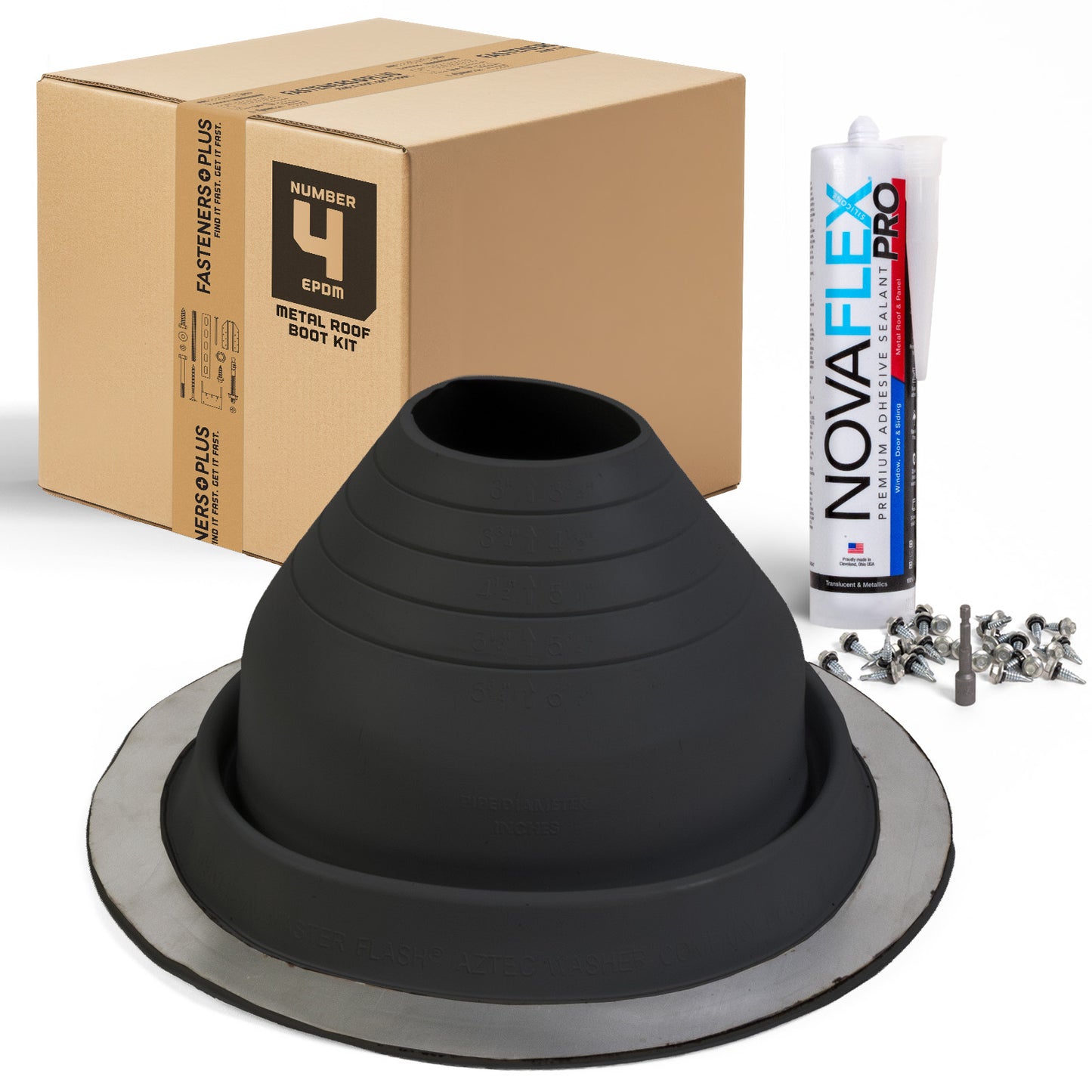#4 Round EPDM Metal Roof Pipe Boot w/Install Kit, Black