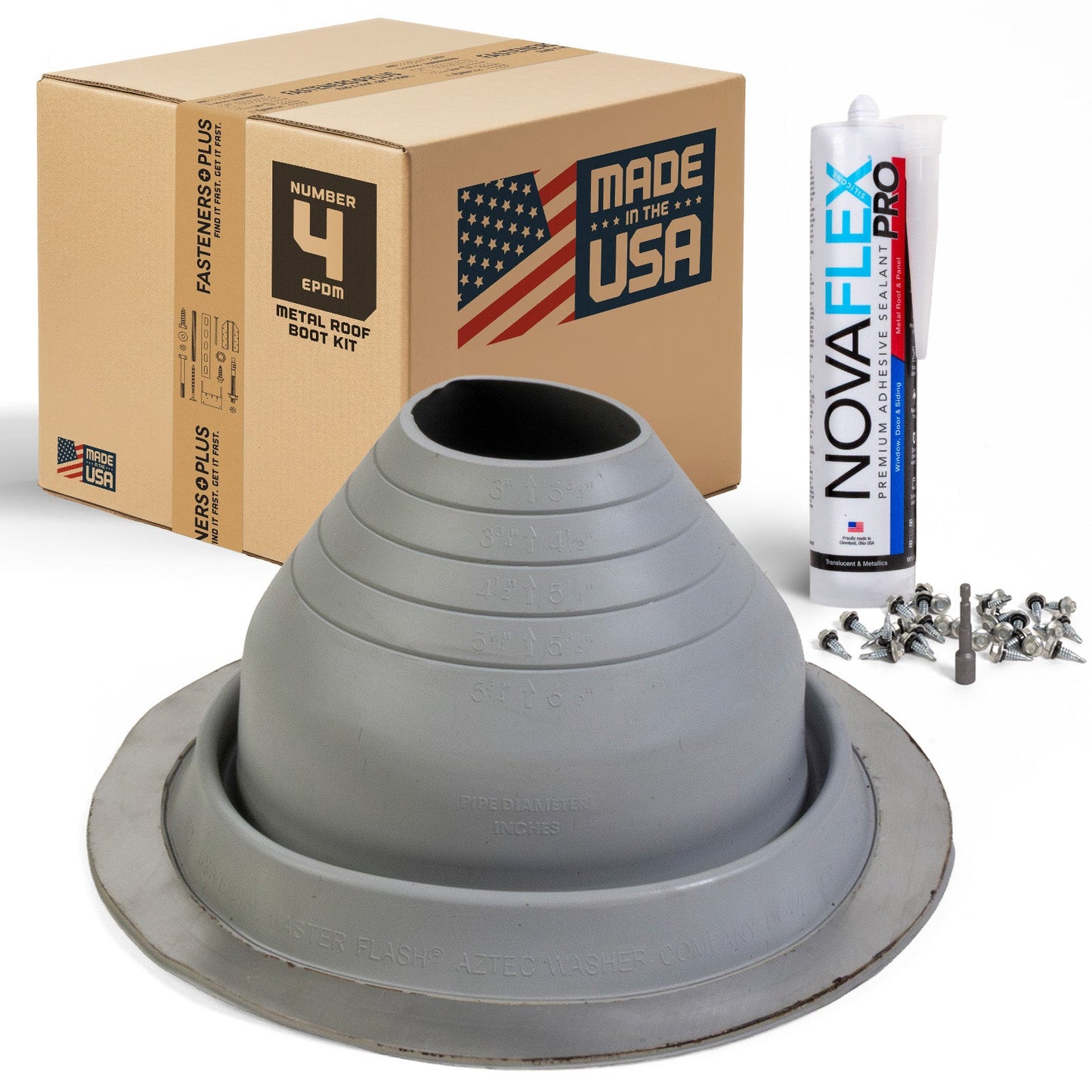 #4 Round EPDM Metal Roof Pipe Boot w/Install Kit, Gray