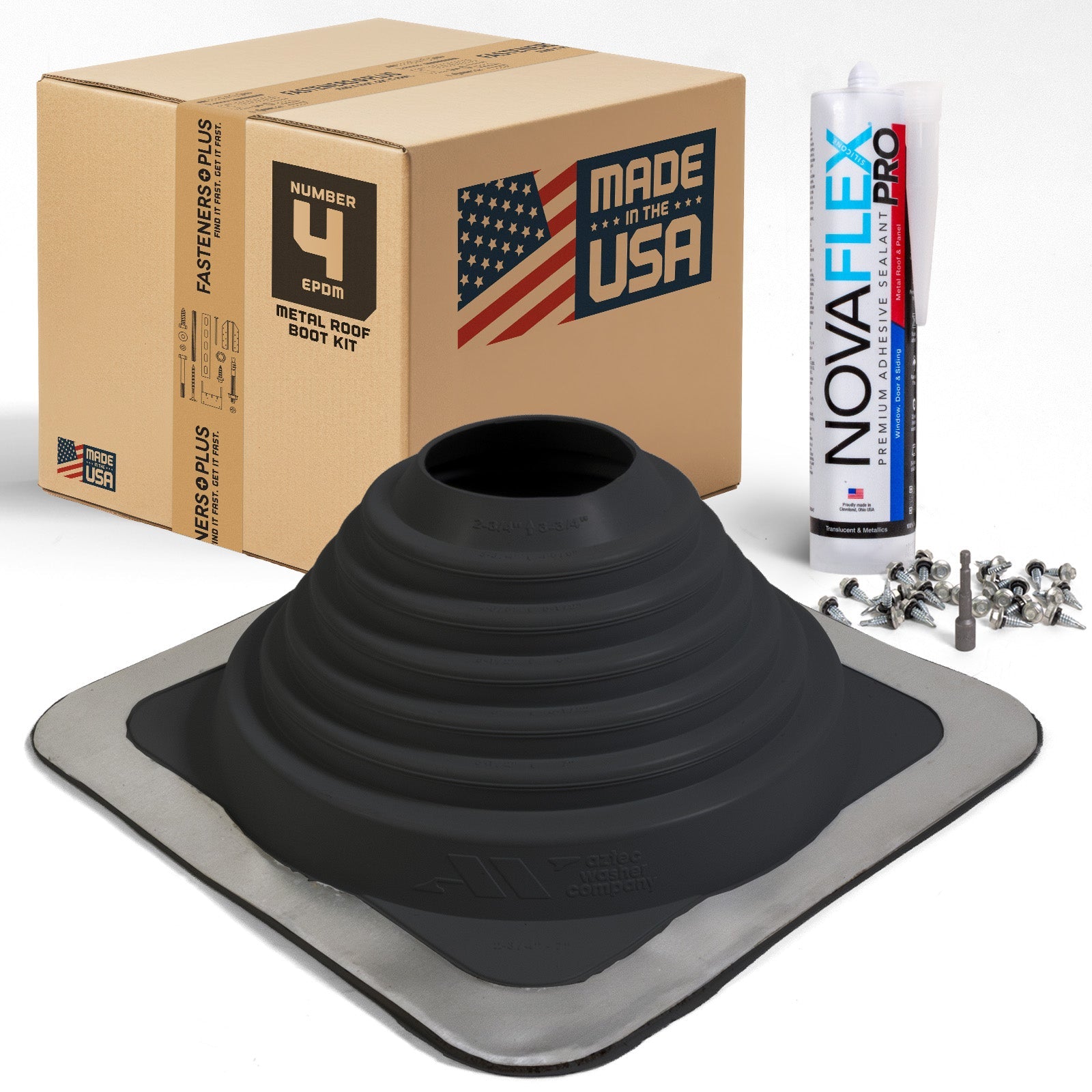 #4 Square EPDM Metal Roof Pipe Boot w/Install Kit, Black