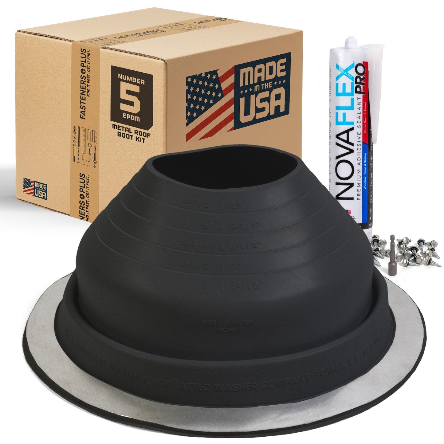 #5 Round EPDM Metal Roof Pipe Boot w/Install Kit, Black