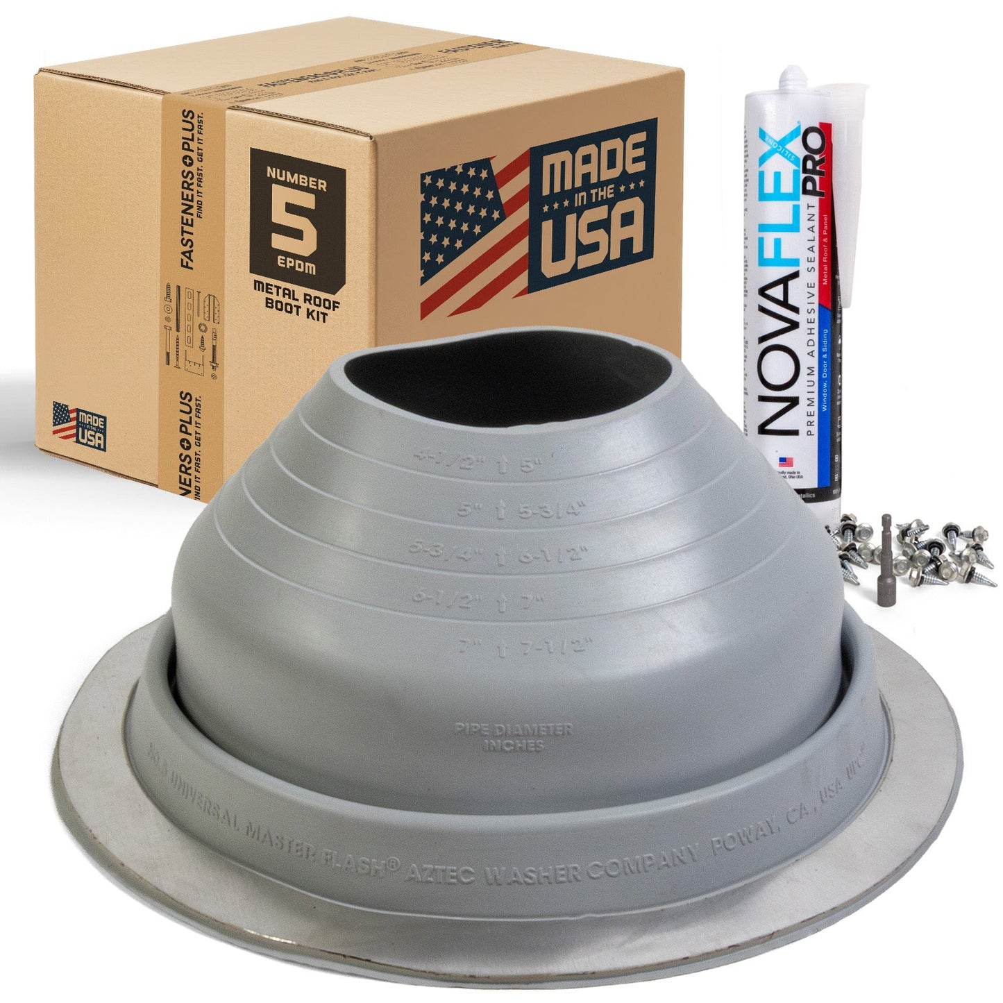 #5 Round EPDM Metal Roof Pipe Boot w/Install Kit, Gray