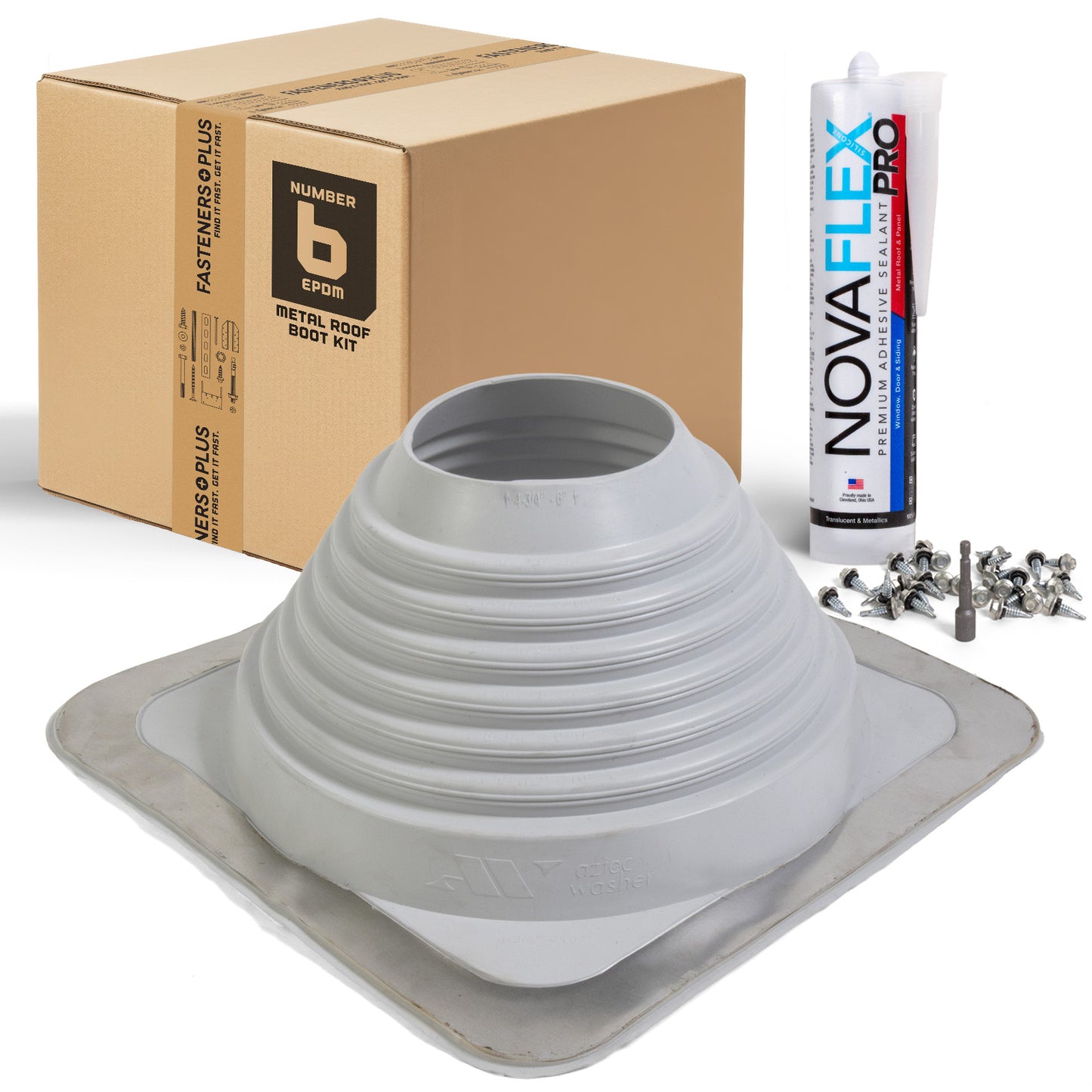 #6 Square EPDM Metal Roof Pipe Boot w/Install Kit, Gray