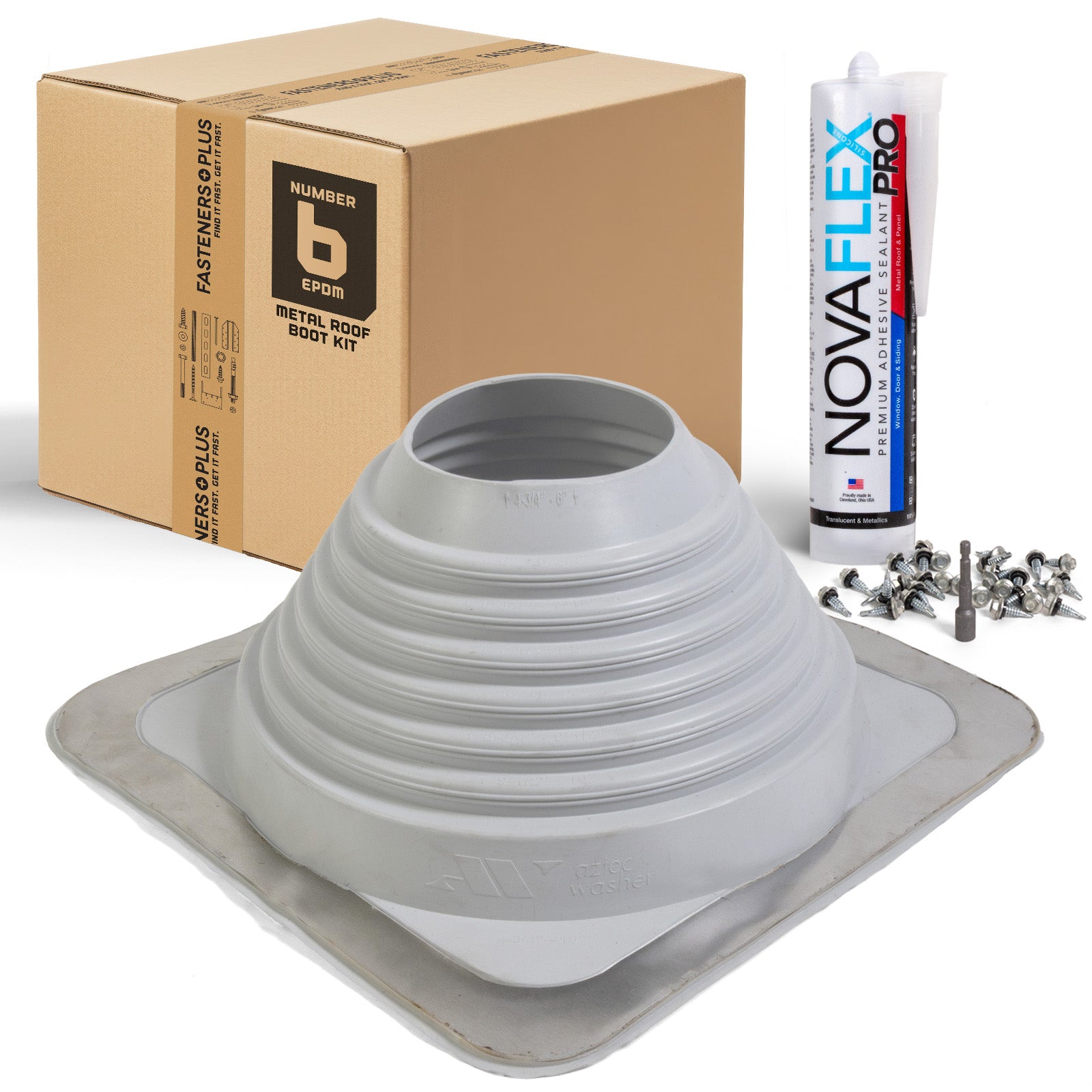 #6 Square EPDM Metal Roof Pipe Boot w/Install Kit, Gray