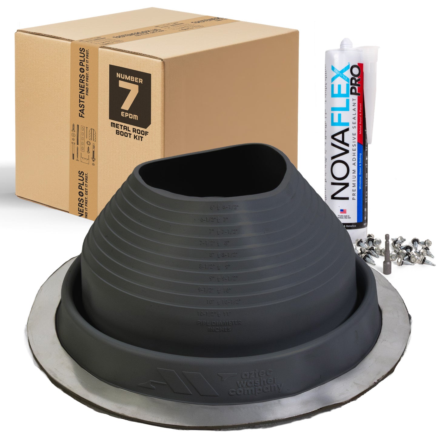 #7 Round EPDM Metal Roof Pipe Boot w/Install Kit, Black