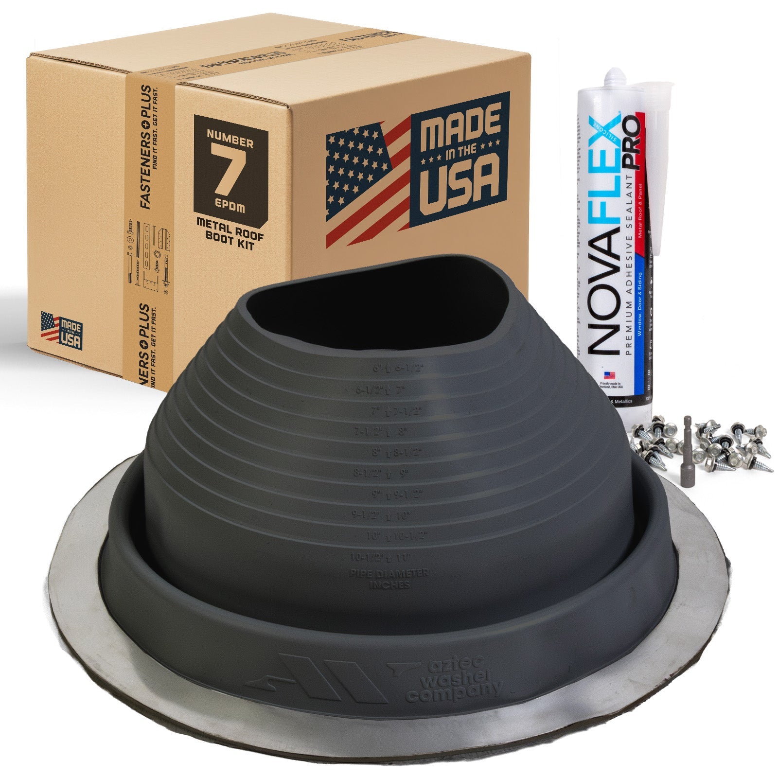 #7 Round EPDM Metal Roof Pipe Boot w/Install Kit, Black