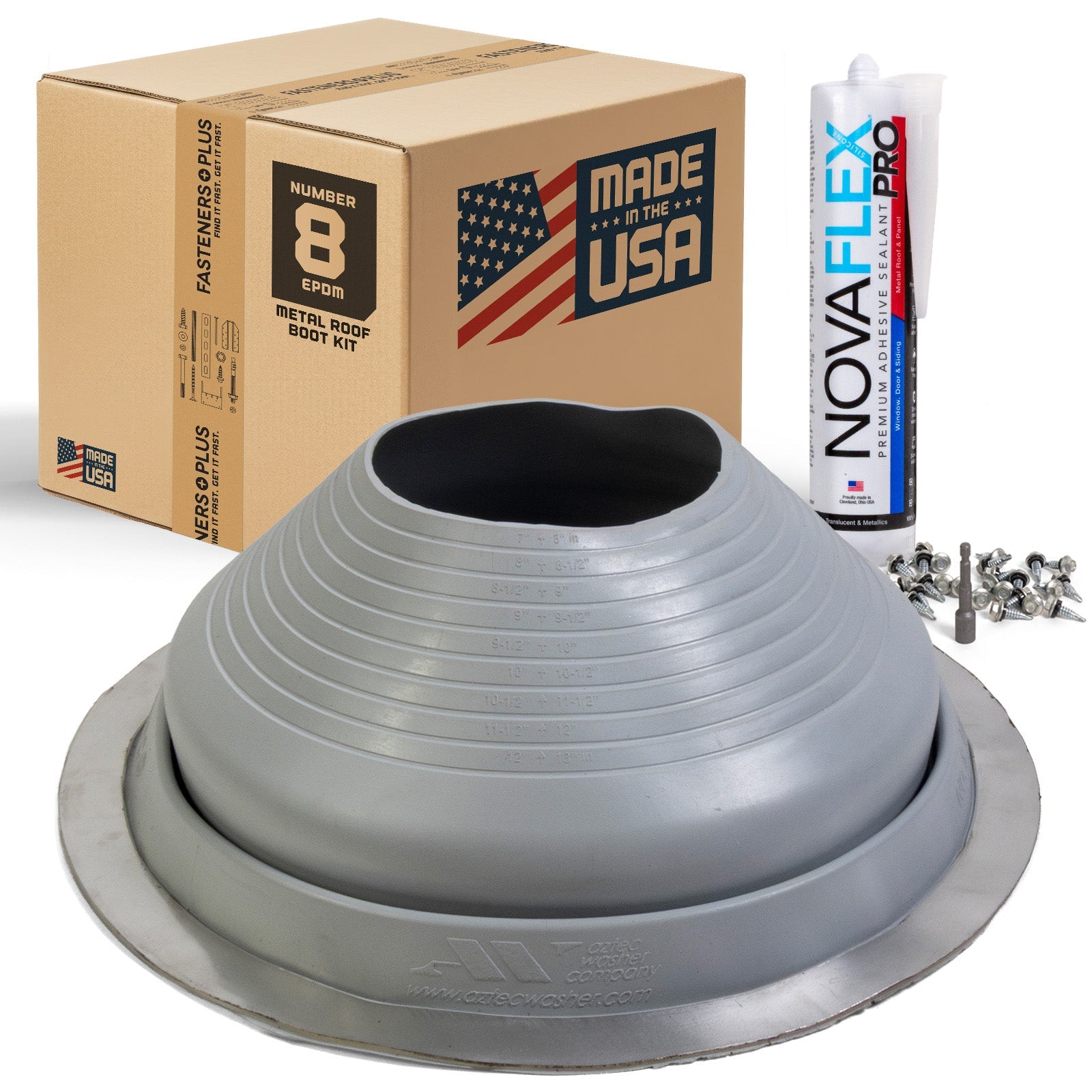 #8 Round EPDM Metal Roof Pipe Boot w/Install Kit, Gray