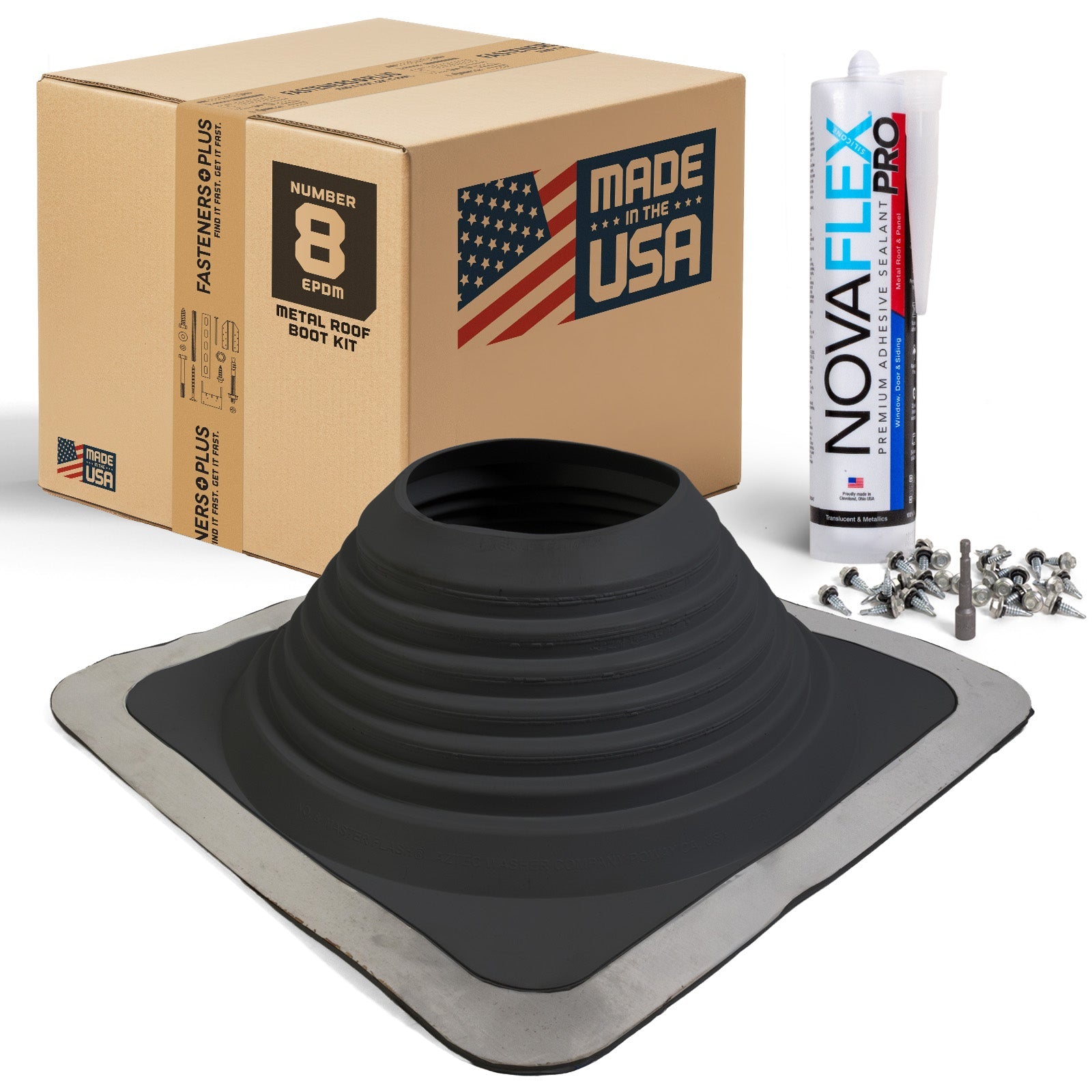 #8 Square EPDM Metal Roof Pipe Boot w/Install Kit, Black